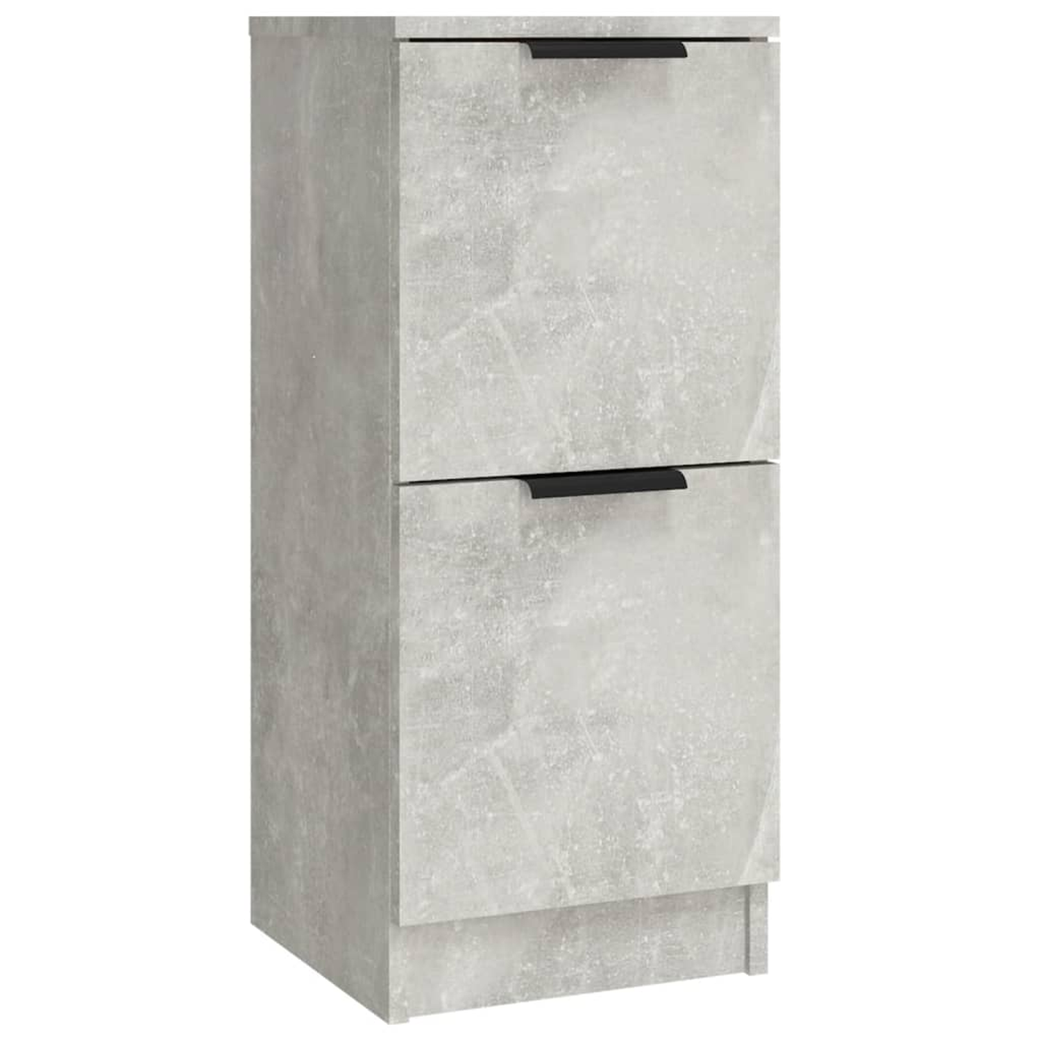 Ein grauer Schrank mit zwei Schubladen und schwarzen Griffen.