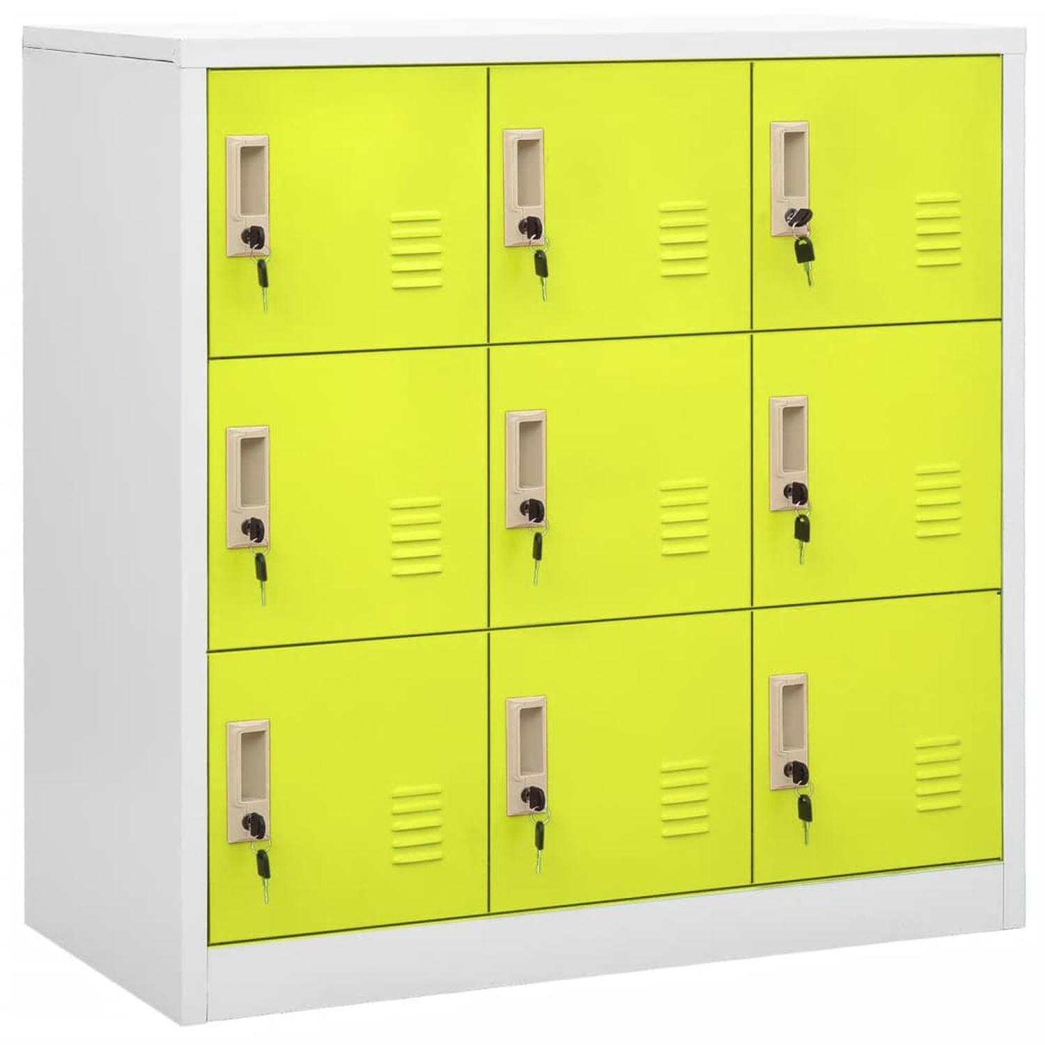 Ein gelber Schrank mit neun Fächern. Jede Tür hat einen Griff, ein Schloss und Belüftungsschlitze.