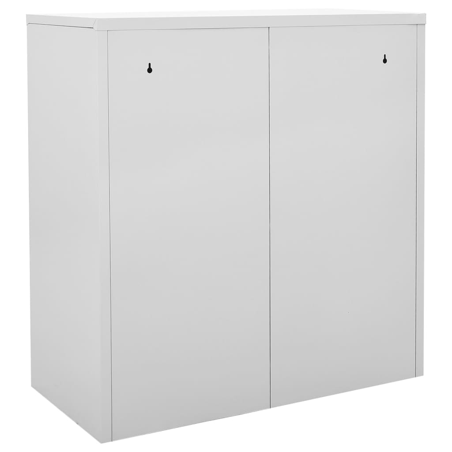Ein weißer Schrank mit zwei Türen. Zwei schwarze Haken sind auf der Vorderseite.