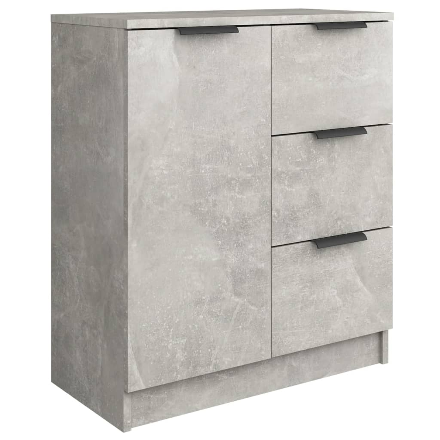 Ein hellgrauer Schrank mit zwei Türen und drei Schubladen, schwarzen Griffen. Er hat ein Steinmuster.