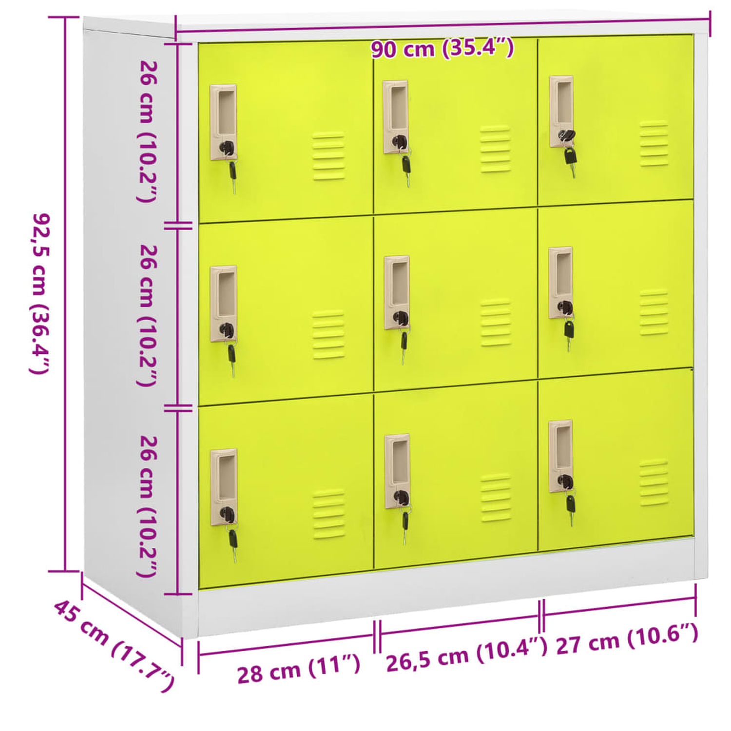 Gelber Schrank mit neun Fächern, jedes mit Schlüsselschloss. Maße in Zentimetern und Zoll.