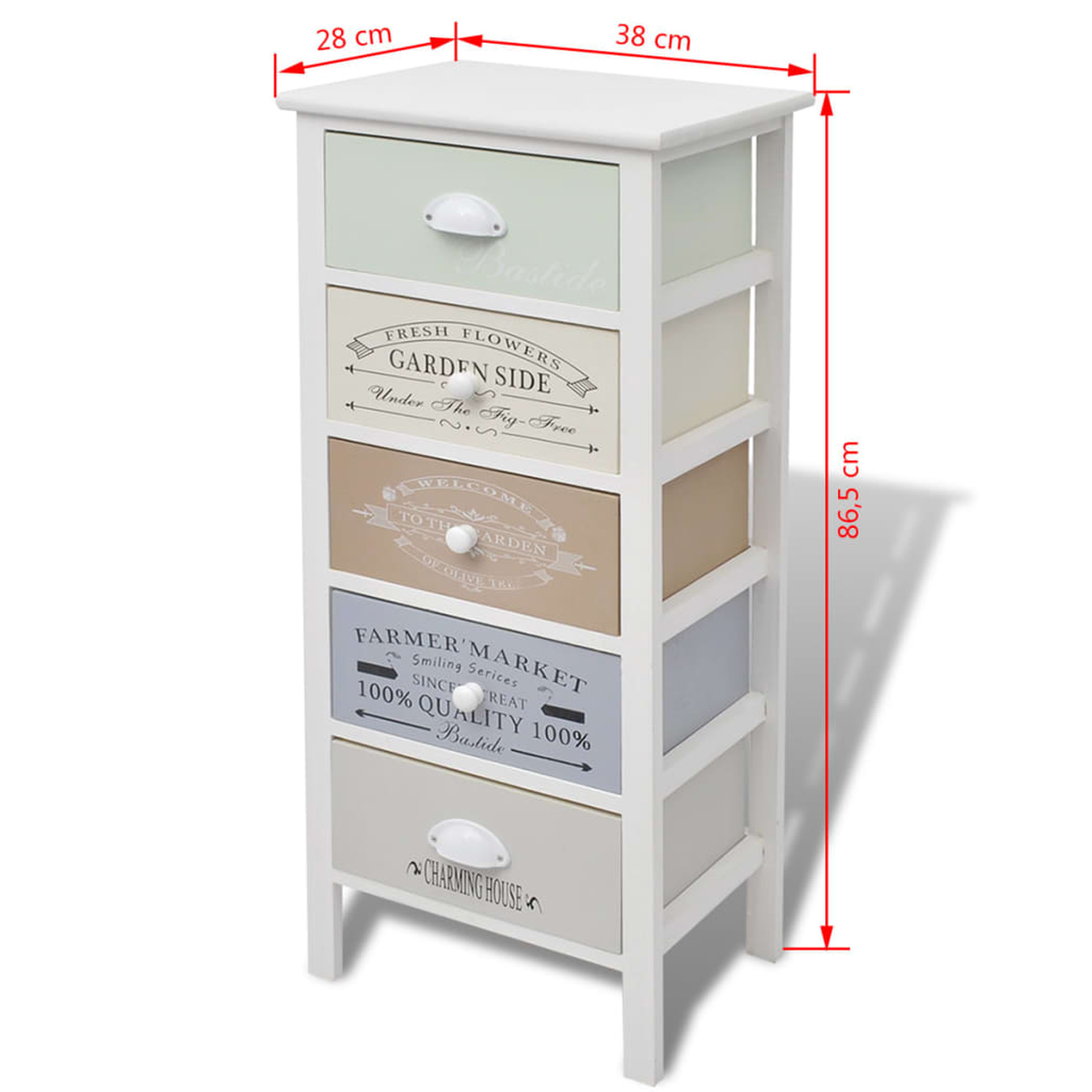 Ein weißer Schrank im Vintage-Stil mit fünf Schubladen und Etiketten.