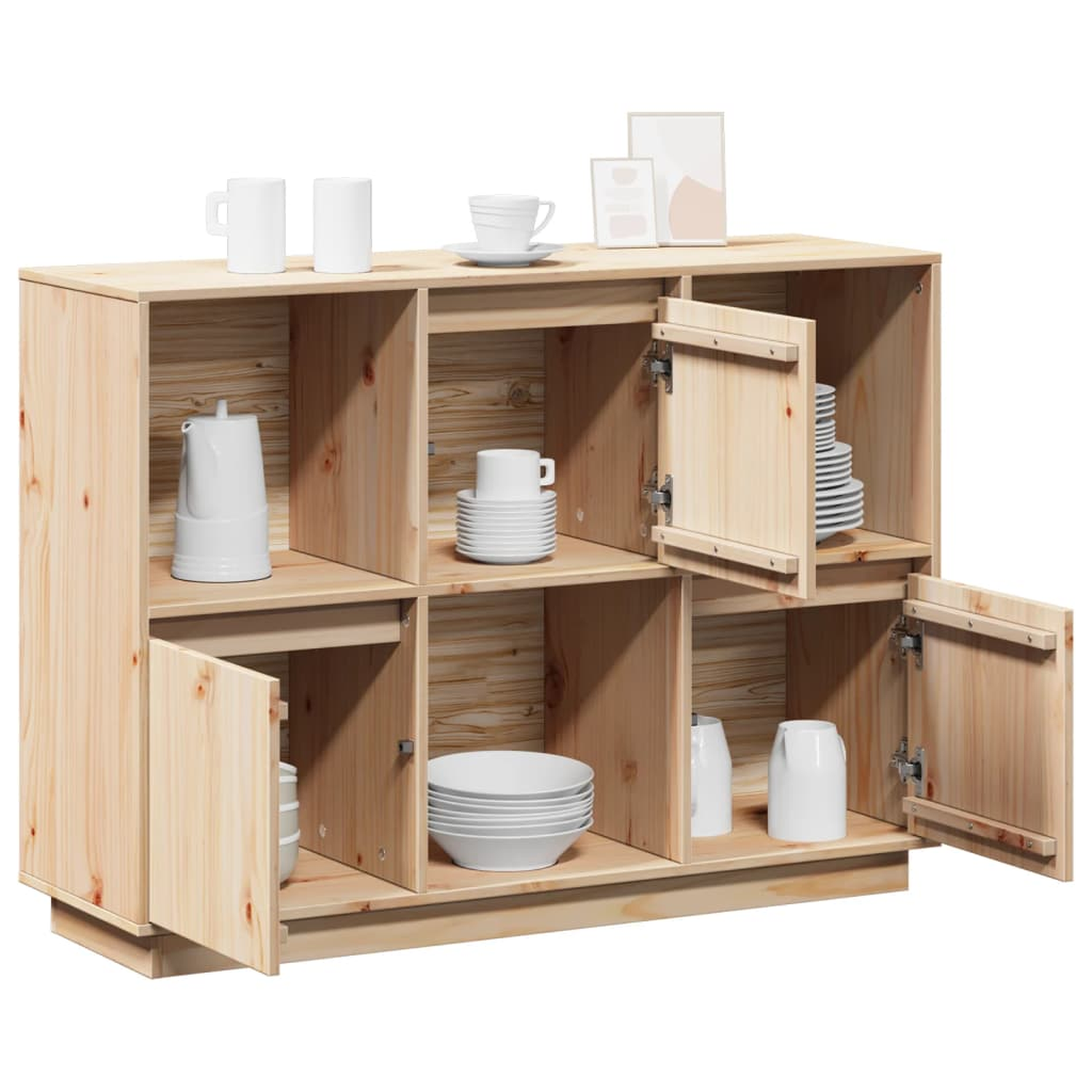 Ein helles Holzschrank mit offenen Türen und Regalen mit verschiedenen Gegenständen.
