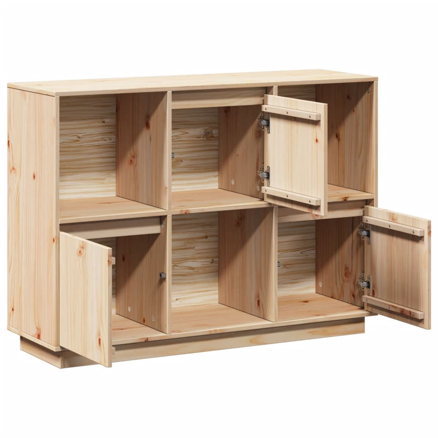 Holzschrank mit sechs Fächern und vier Türen. Die Türen sind geöffnet.
