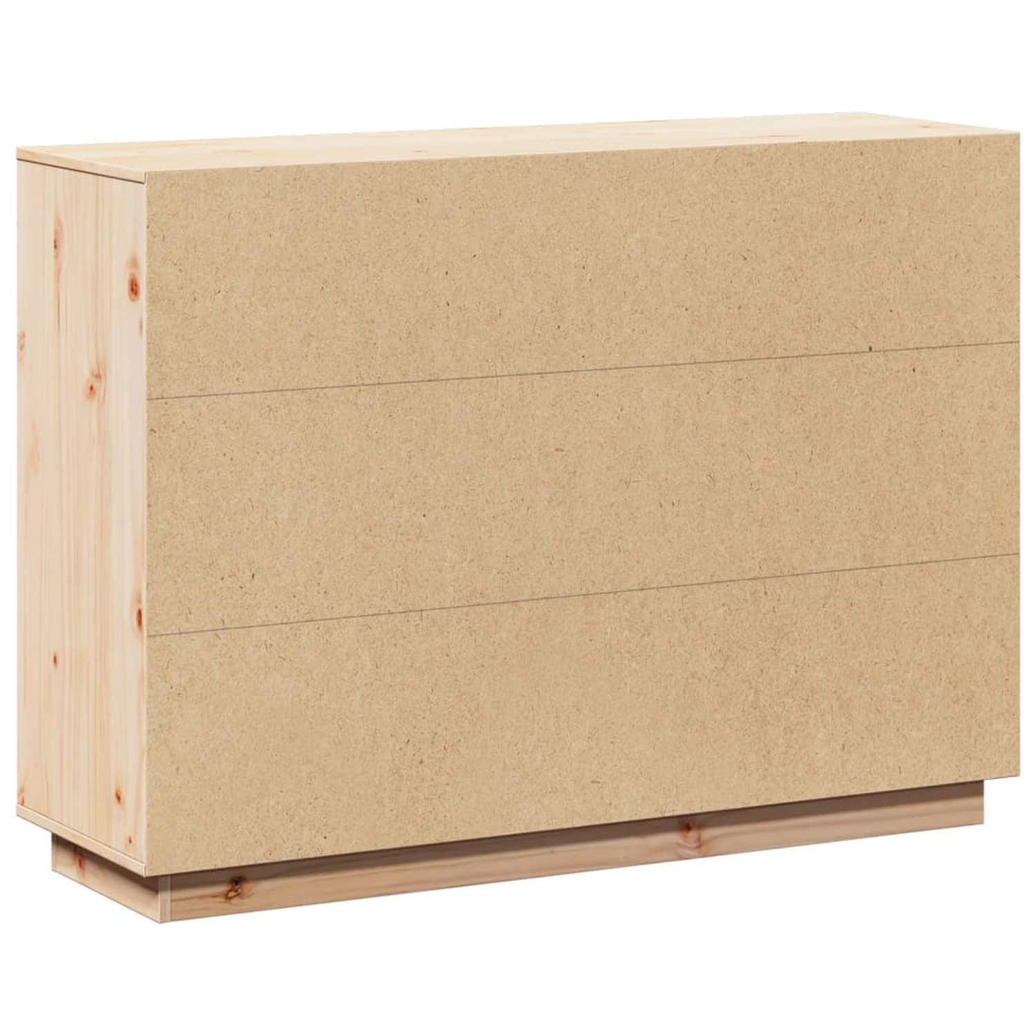 Holzkommode mit drei Schubladen und einem hellbraunen Holzsockel.