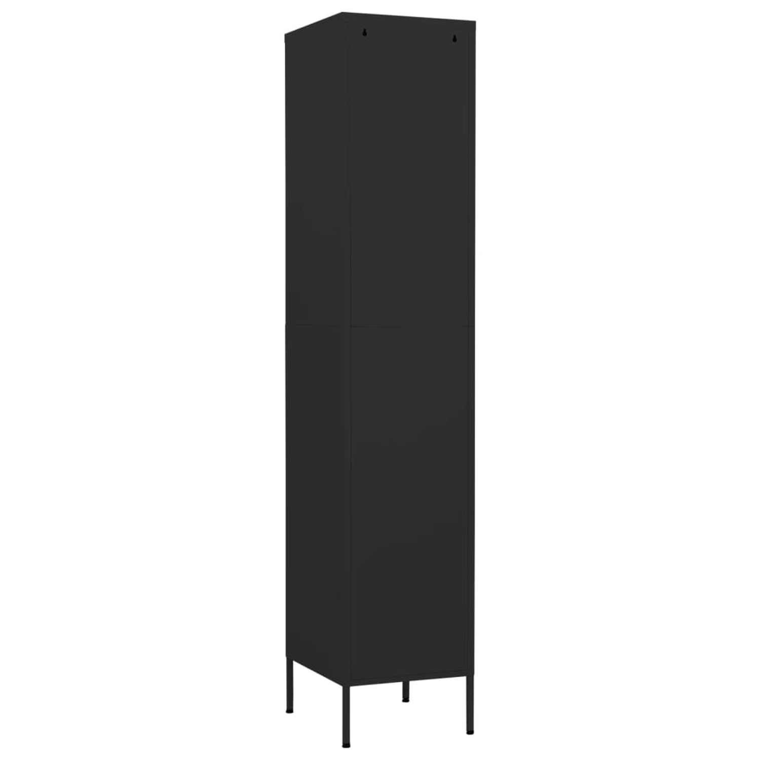 Hoher schwarzer Schrank mit schlankem Design. Er hat eine rechteckige Form und steht auf schwarzen Beinen.