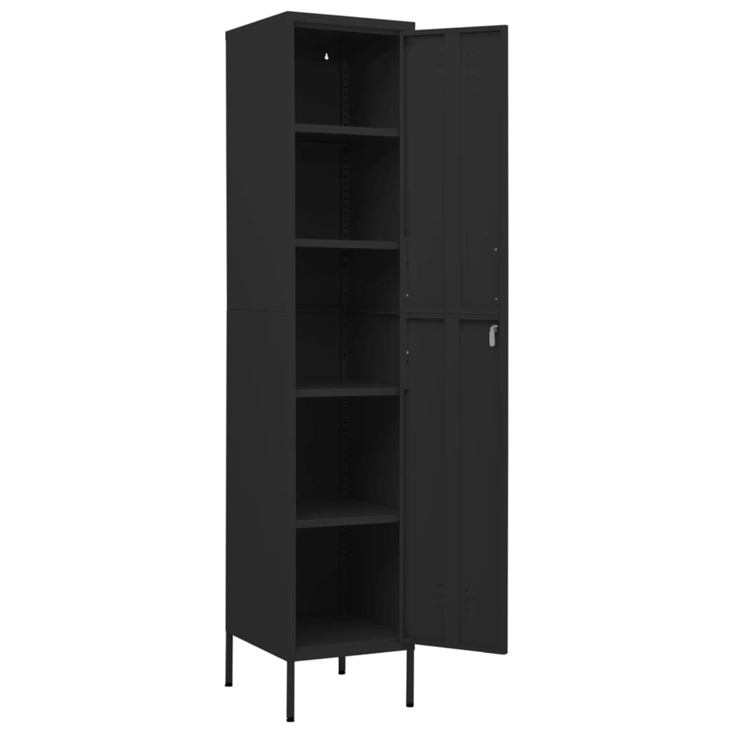 Schwarzer Schrank mit Regalen, offener Tür und schwarzen Beinen. Leeres Innere.