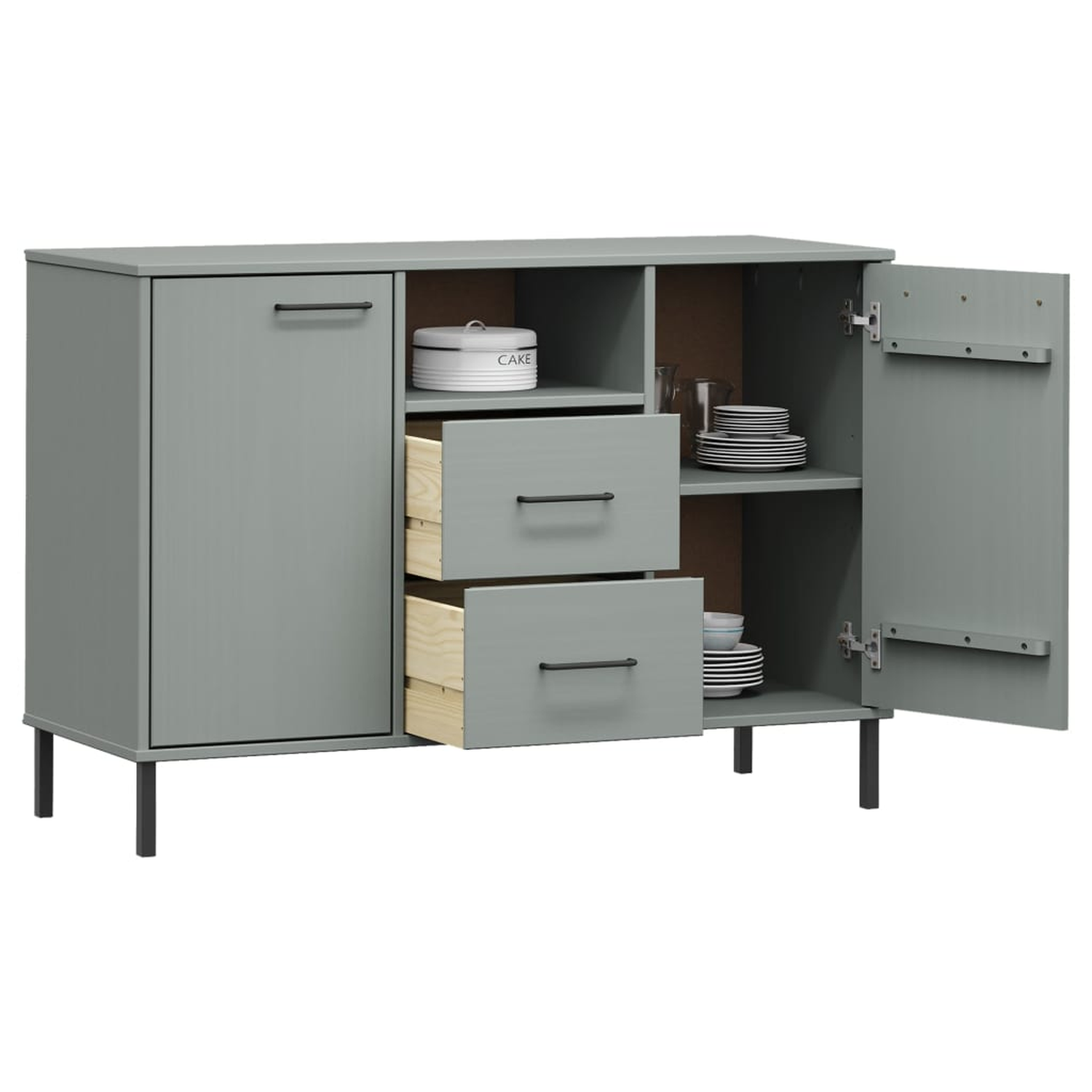 Ein grauer Schrank mit Glastür links und offener Tür rechts, mit Regalen im Inneren.