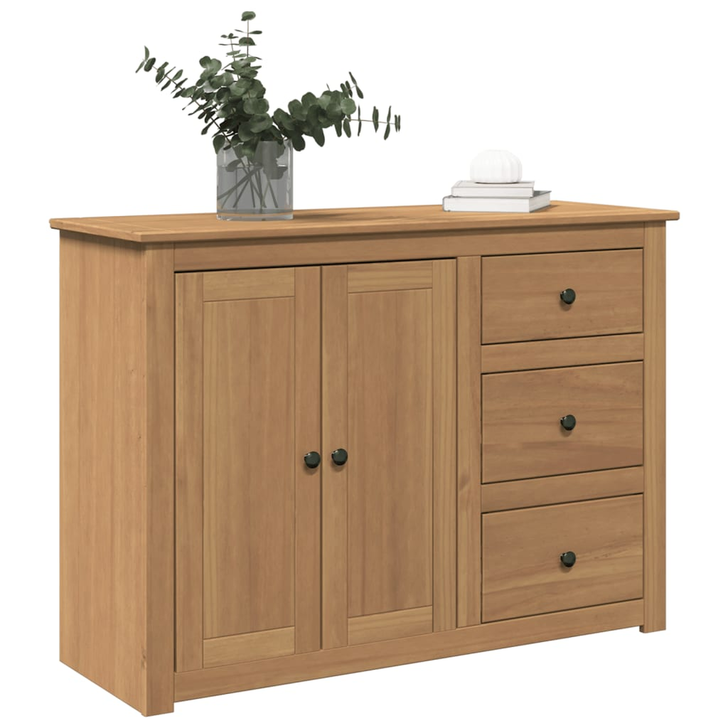 Holzschrank mit Türen und Schubladen. Eine Vase mit Pflanze und Bücher oben drauf.
