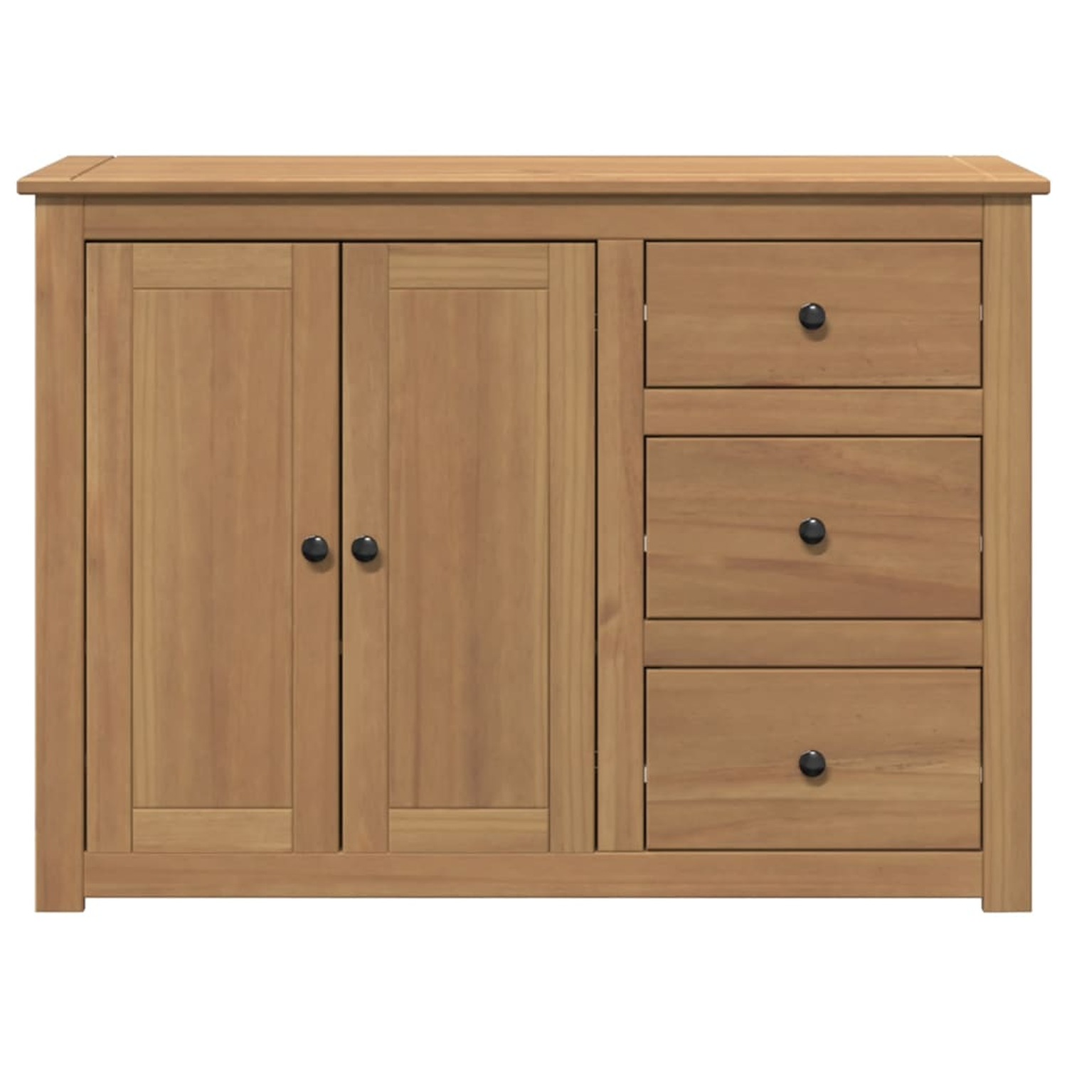 Holzschrank mit zwei Türen und drei Schubladen, mit schwarzen Knöpfen.