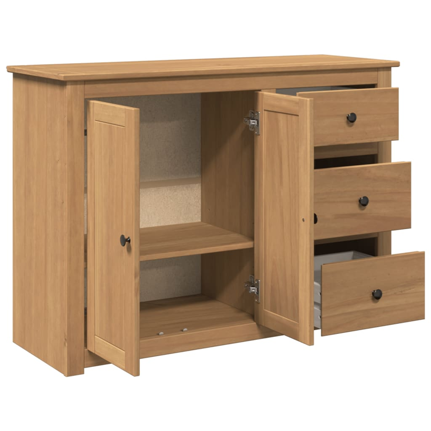 Holzschrank mit offenen Türen und Schubladen auf Weiß.