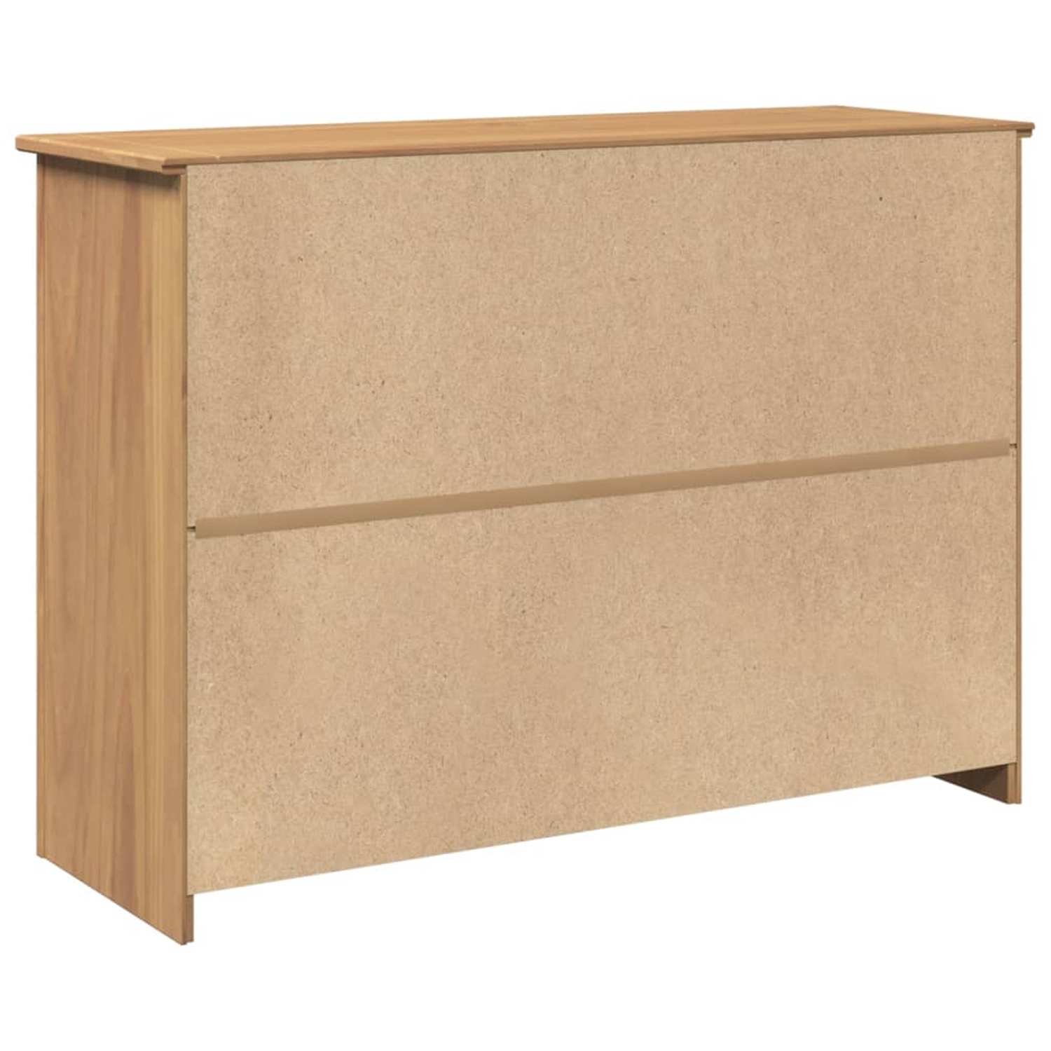 Rückansicht eines Holzschranks. Der Schrank hat zwei Schubladen und sichtbare Holzmaserung.