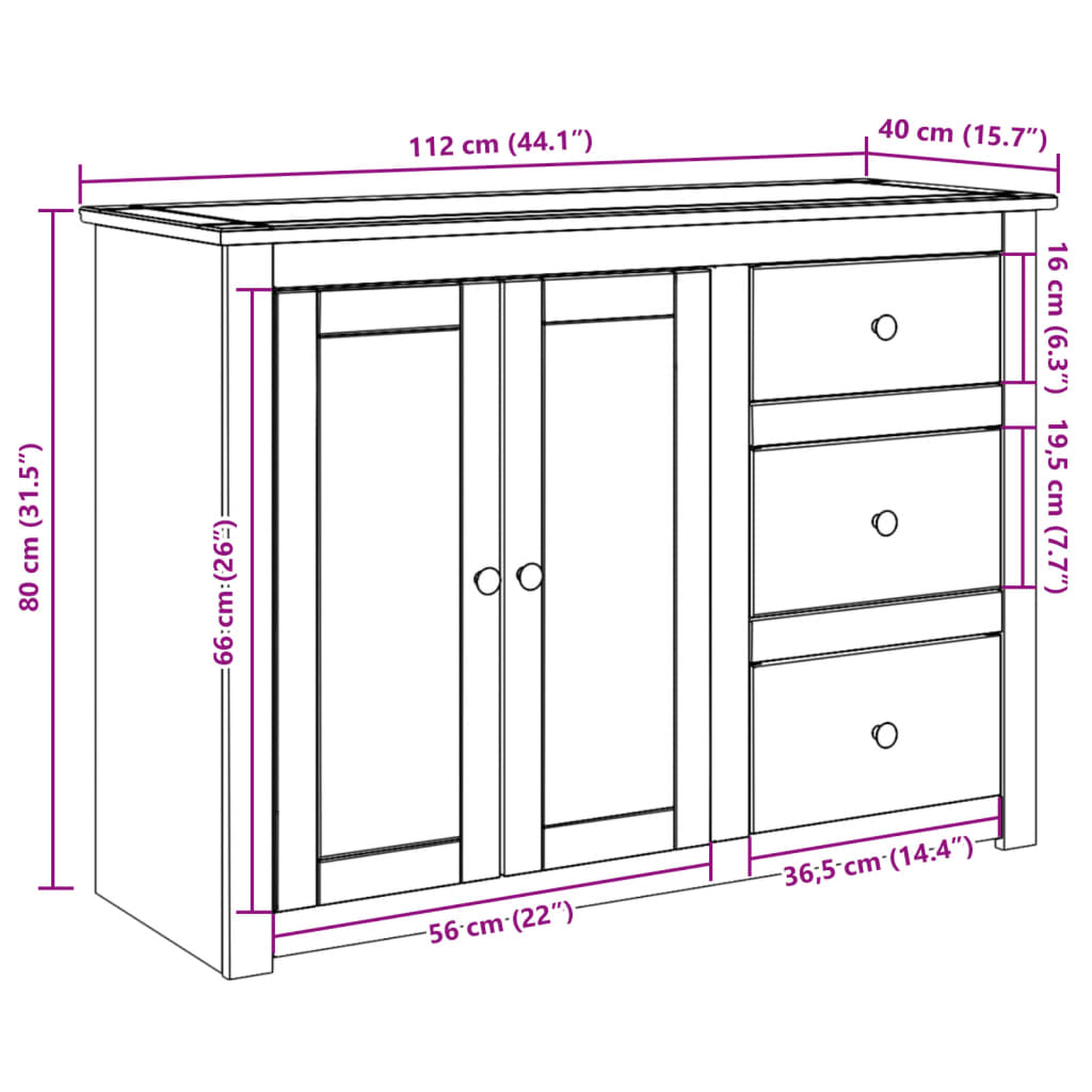 Holzschrank mit Türen und Schubladen, Abmessungen und Etiketten sind überlagert.