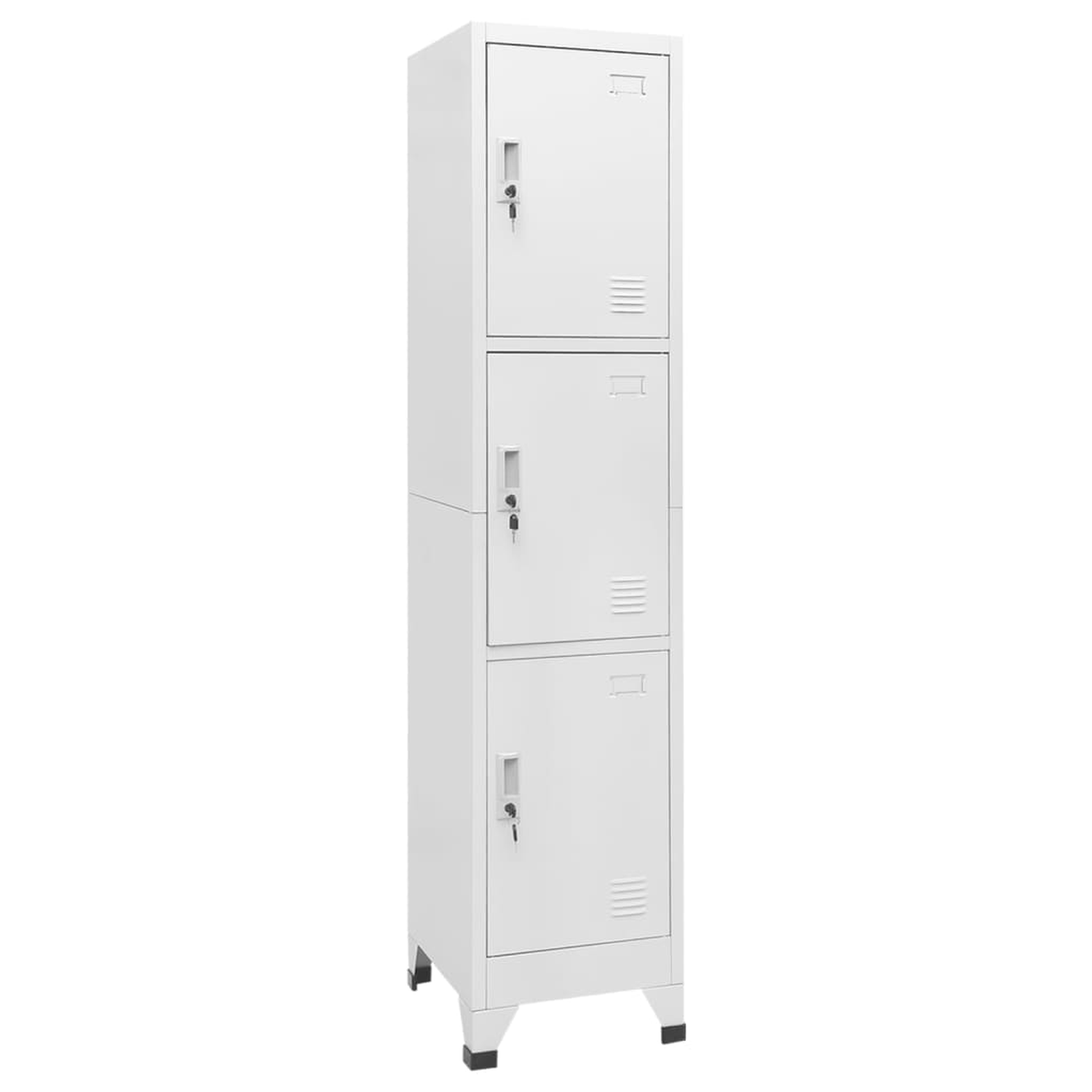 Dreitüriger weißer Schrank. Die Türen haben Schlösser. Der Schrank ist hoch und schmal.