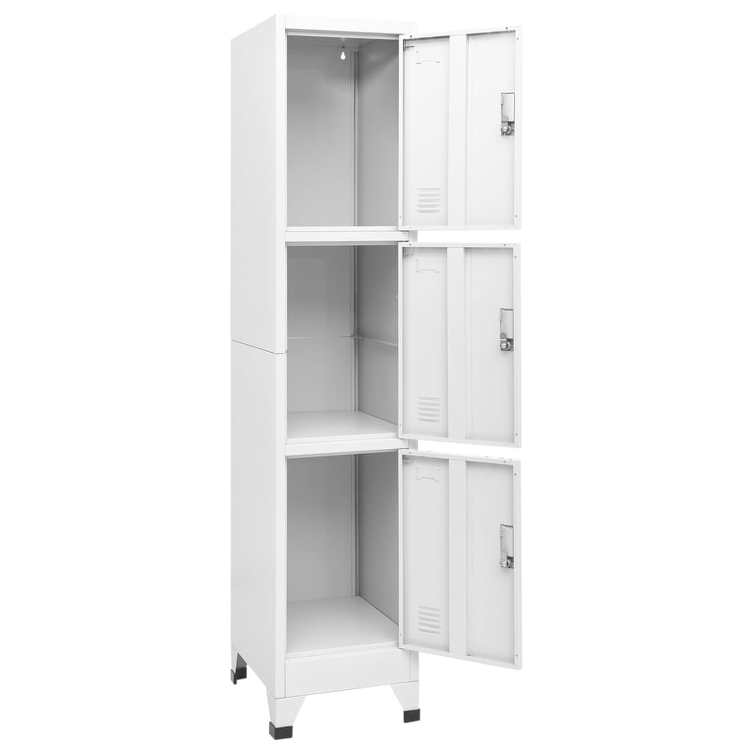 Weißer Metallschrank mit drei Fächern, Türen offen. Schwarze Füße.