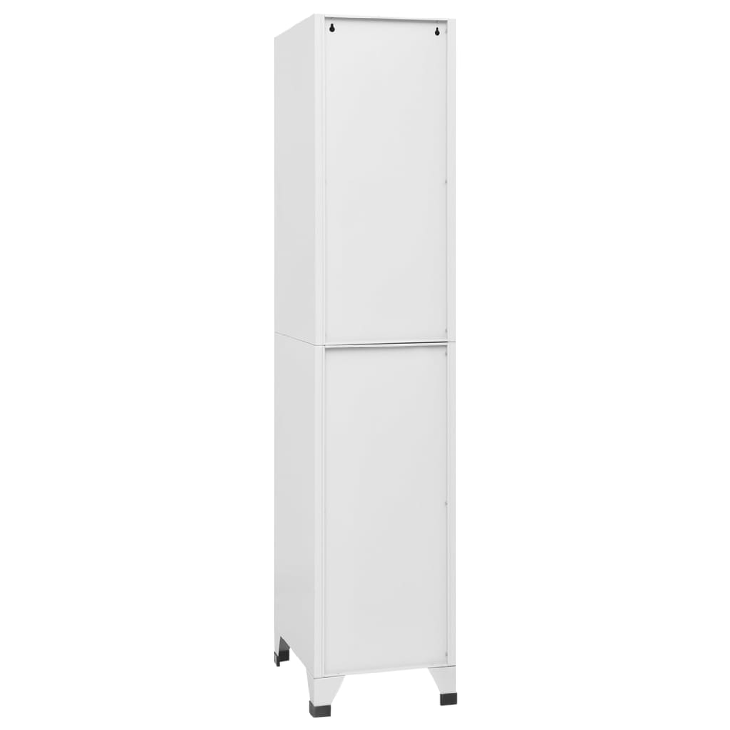 Hoher, weißer, zweiteiliger Schrank. Schlichtes Design, einfache rechteckige Form.
