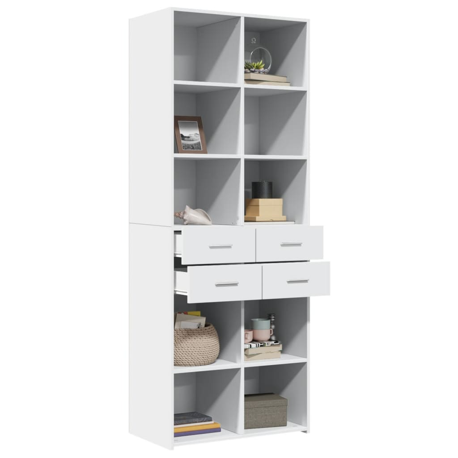 Weißes Bücherregal mit Regalen und Schubladen. Objekte auf Regalen. Eine Schublade offen.