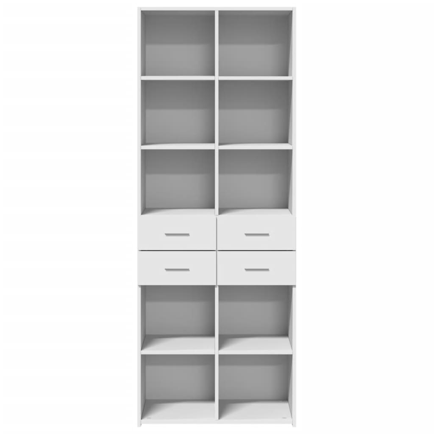 Weißer Schrank mit Regalen und Schubladen. Es hat einen weißen Hintergrund.