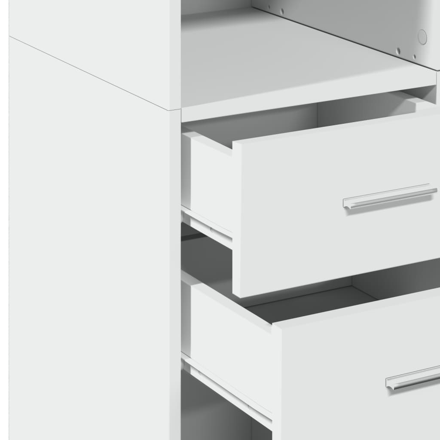 Weißer Schrank mit offenen Schubladen, silbernen Griffen und sichtbaren Schubladeninnenräumen.