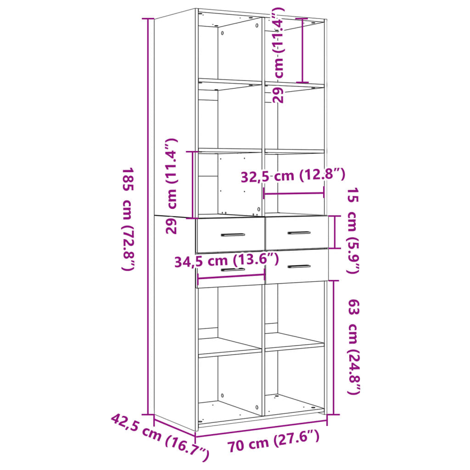 Ein hoher weißer Schrank mit Regalen und Schubladen, mit Abmessungen in Zentimetern.