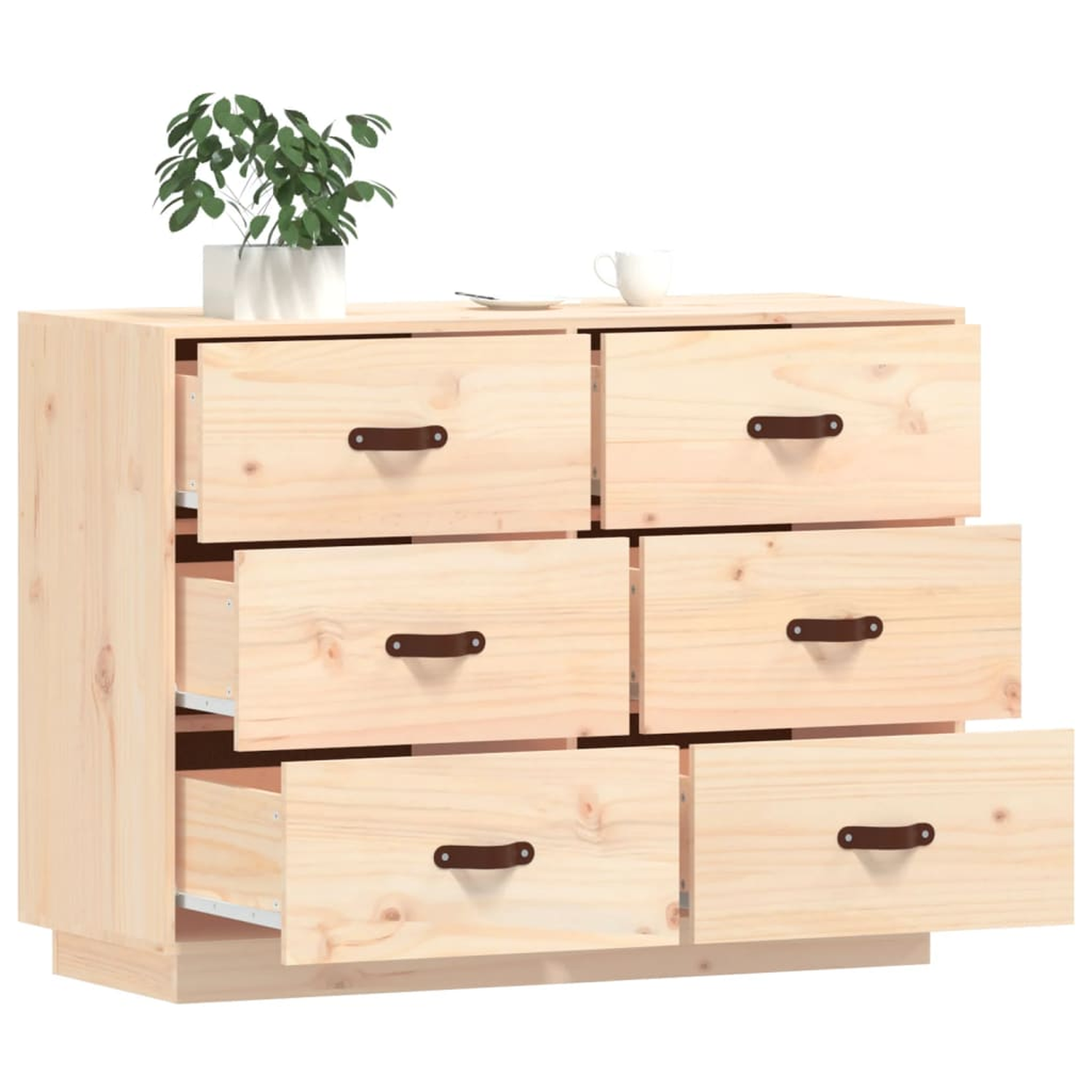 Hellholz-Kommode mit sechs Schubladen, einer Pflanze und einer Tasse oben, weißer Hintergrund.