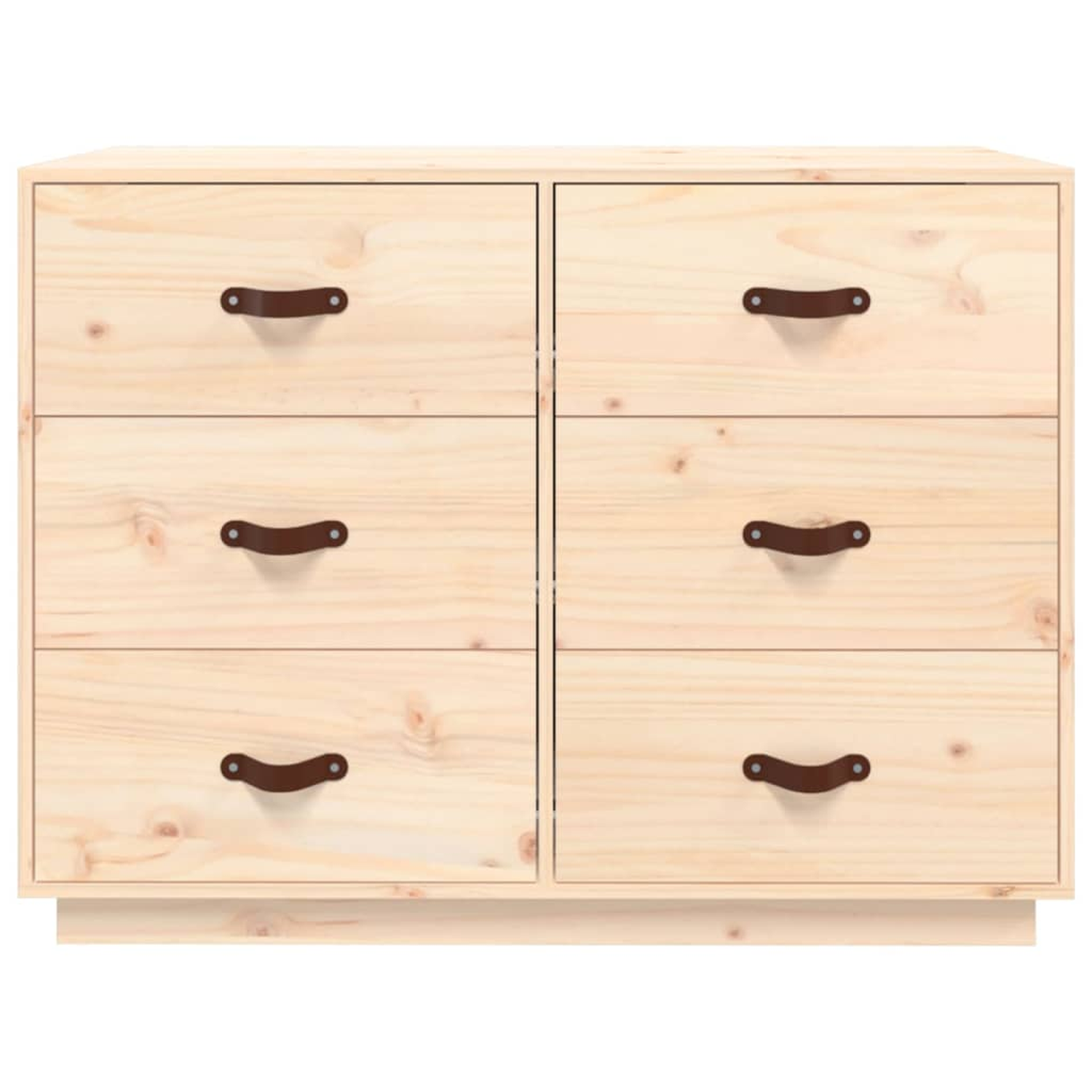 Holzkommode mit sechs Schubladen und Ledergriffen. Die Kommode hat ein schlichtes Design.