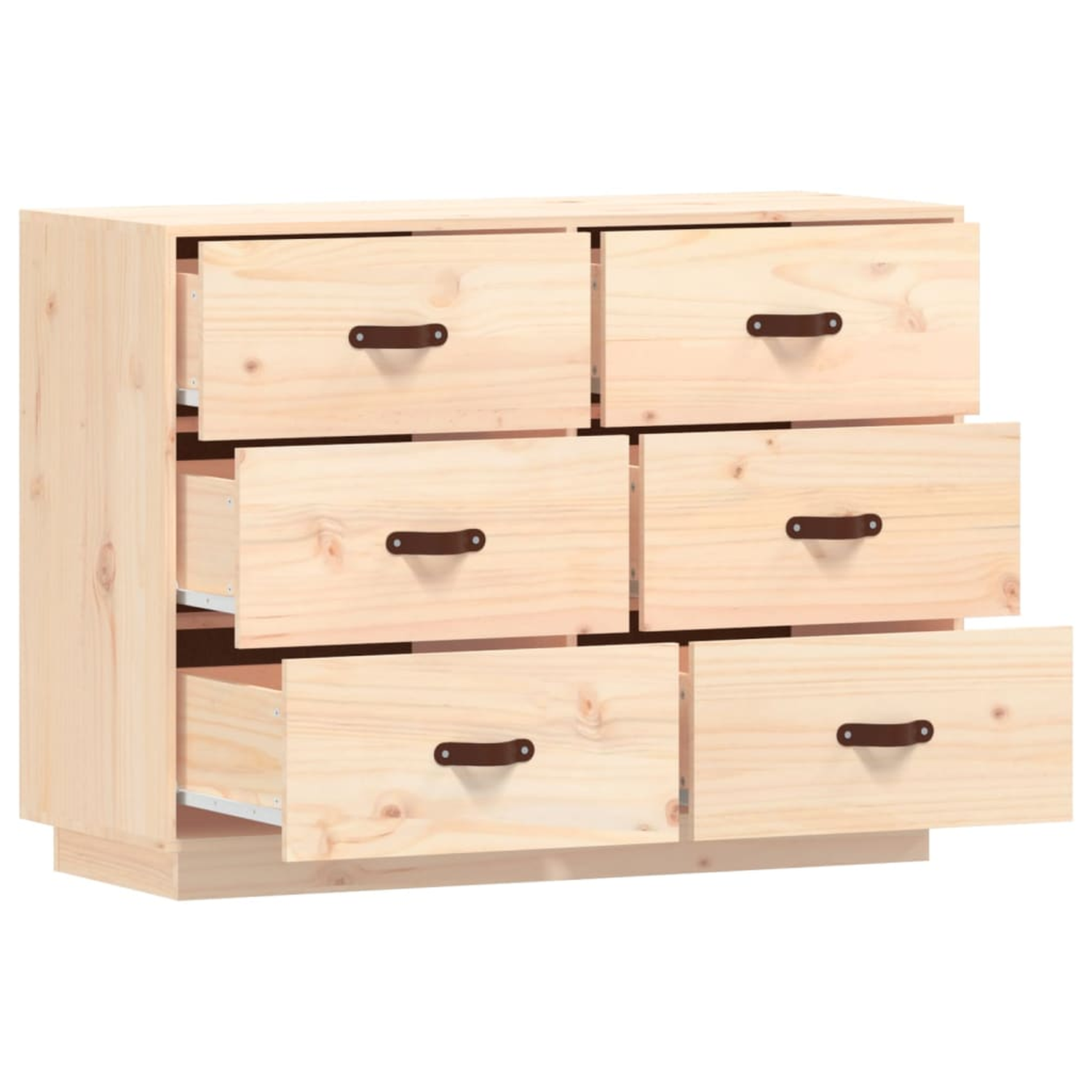 Eine Holzkommode mit sechs Schubladen, einige davon offen. Jede Schublade hat einen braunen Ledergriff.