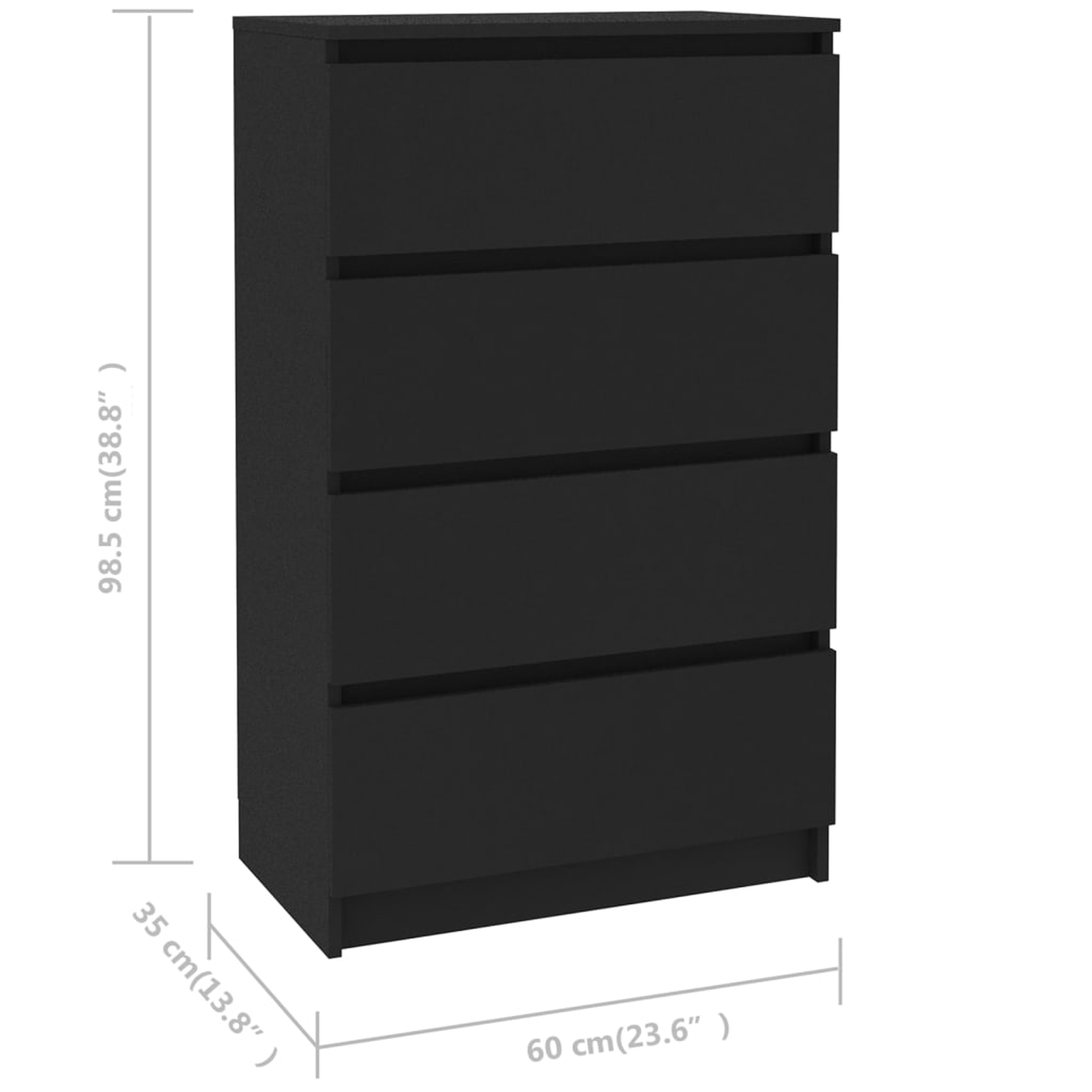 Schwarze Kommode. Sie ist hoch, mit vier Schubladen. Maße sind in cm und Zoll angegeben.