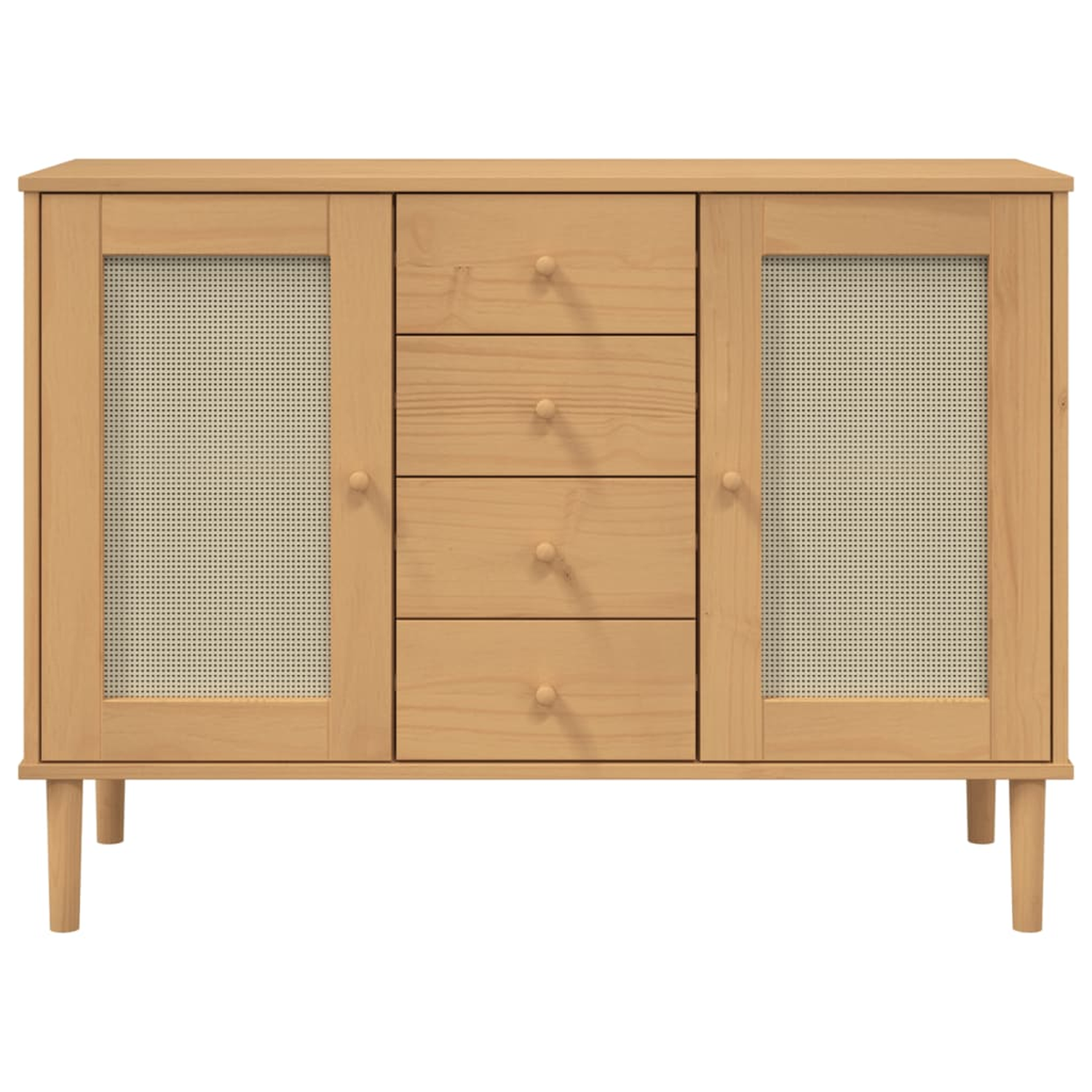 Holzschrank mit Schubladen und Glastüren. Er hat eine helle Holzfarbe und steht auf Beinen.