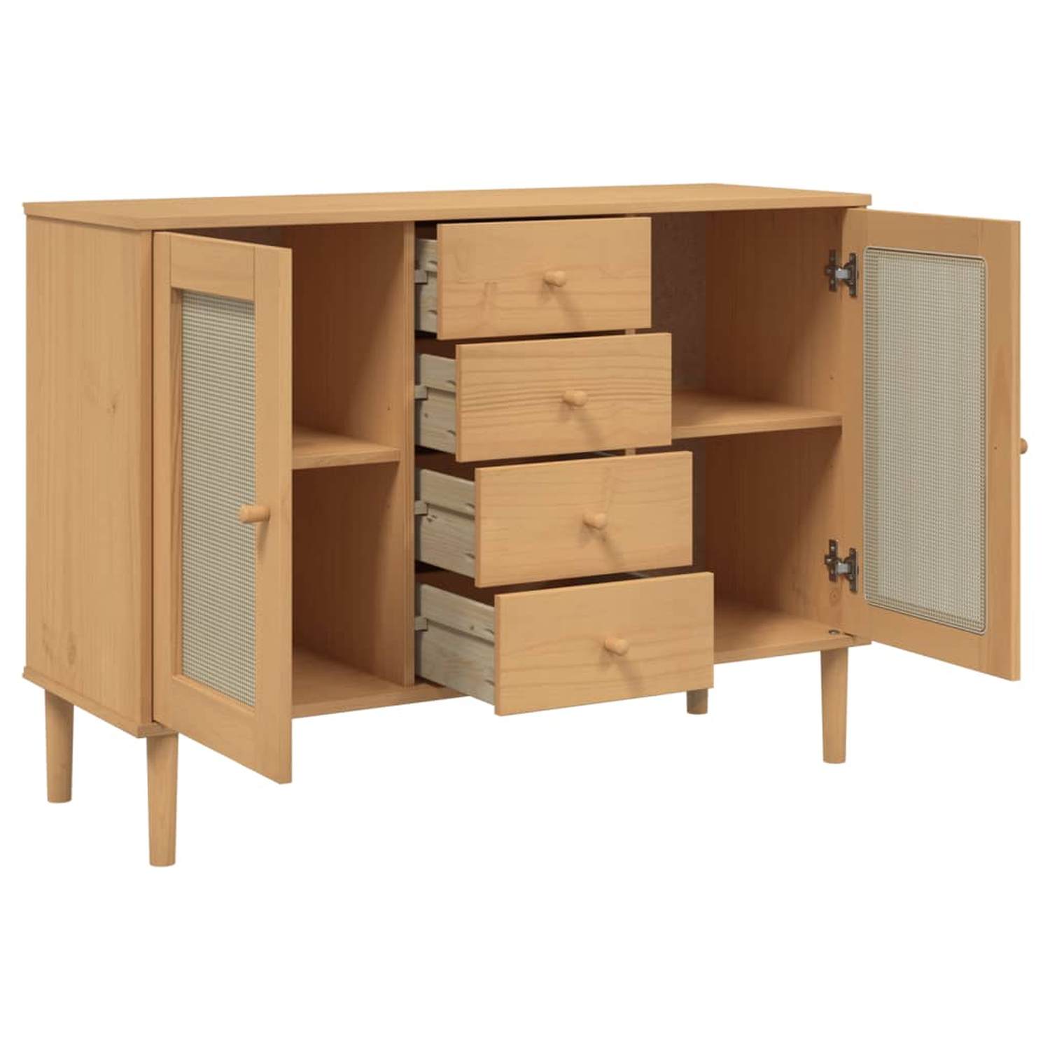 Holzschrank mit vier Schubladen und Glastüren, geöffnet mit Gegenständen darin.