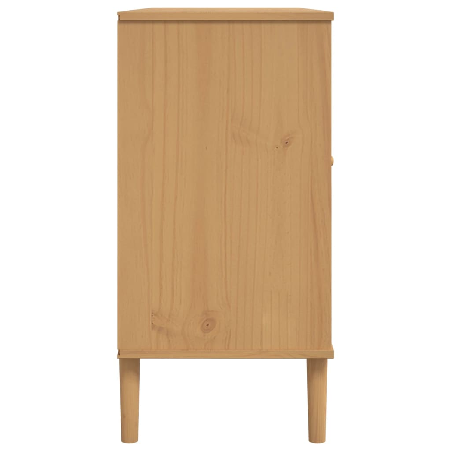 Holzschrank mit vier Beinen, von hinten gesehen. Hellbraunes Holz, mit Tür und schlichtem Design.