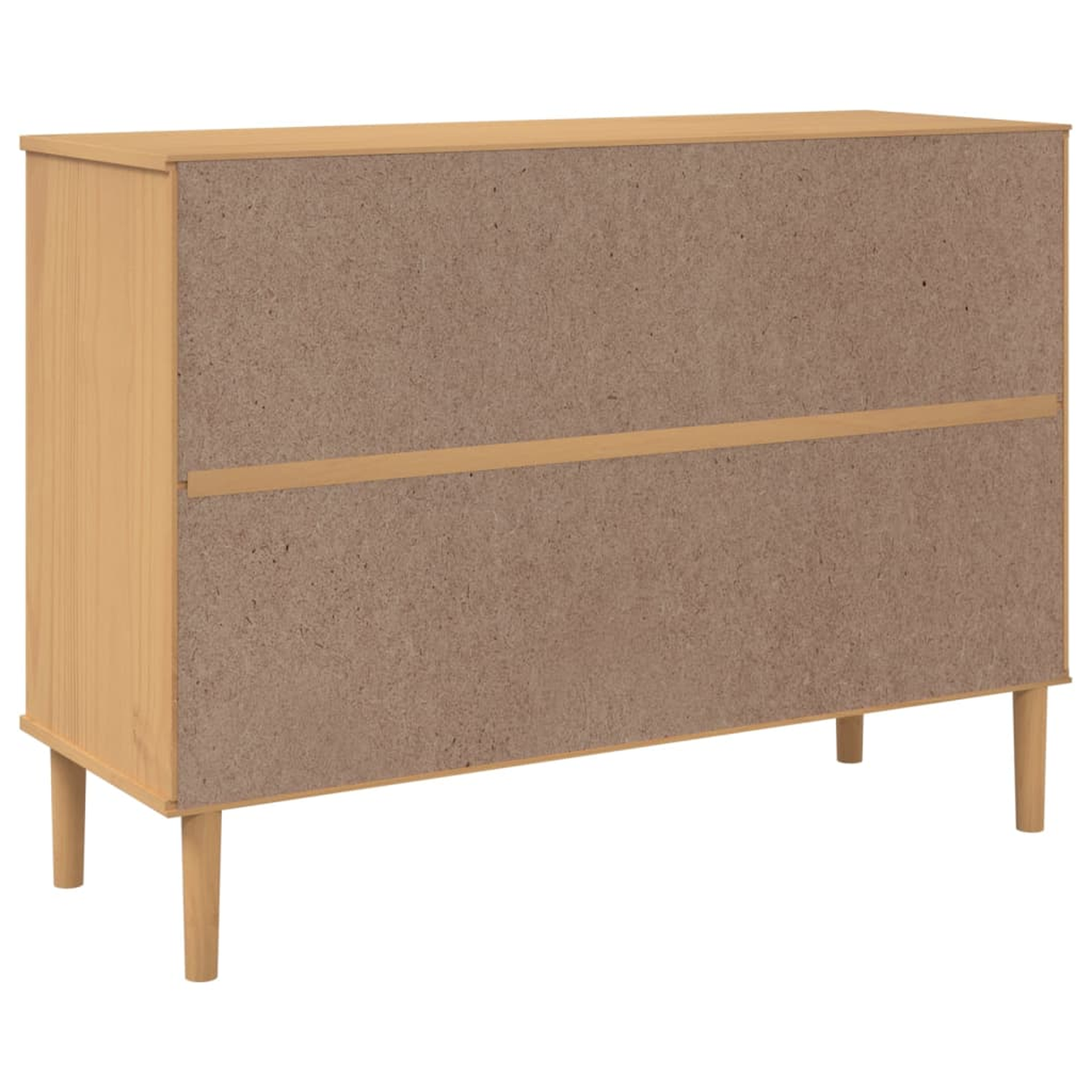 Die Rückseite eines hellbraunen Schranks mit Holzrahmen und Beinen. Es hat ein schlichtes Design.