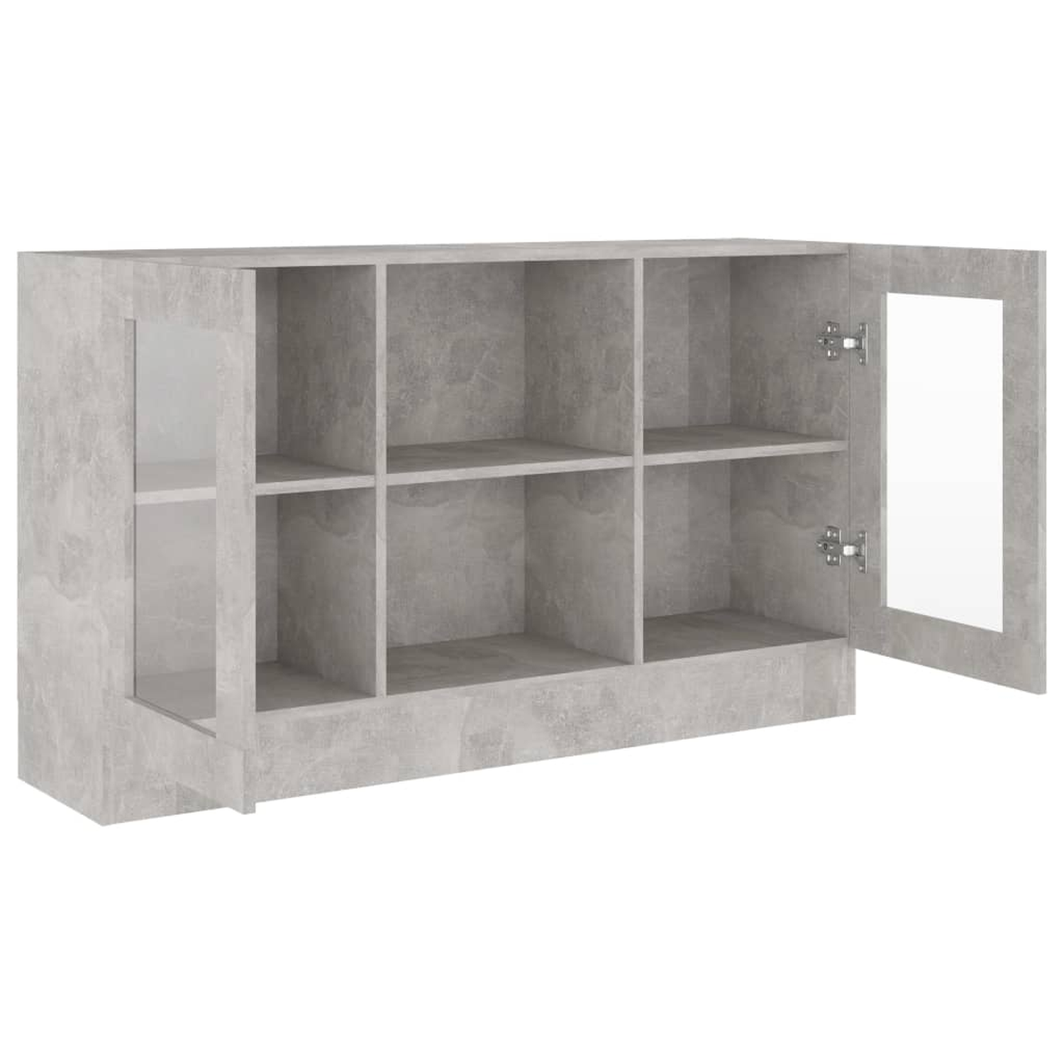 Ein helles Holzschrank mit Türen, Schubladen und dekorativen Gegenständen oben, vor weißem Hintergrund.