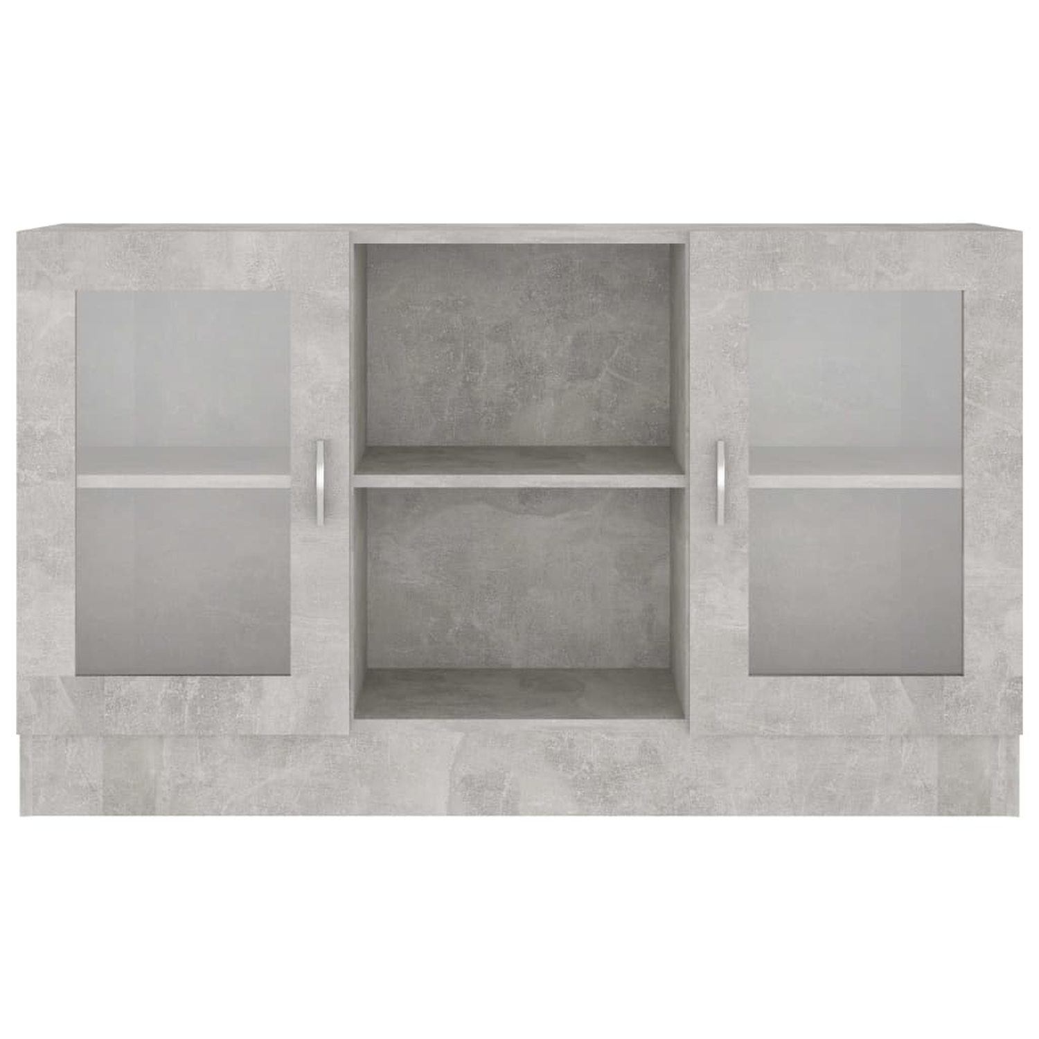 Grauer Schrank mit Glastüren und einem Regal. Der Schrank hat eine betonartige Textur.