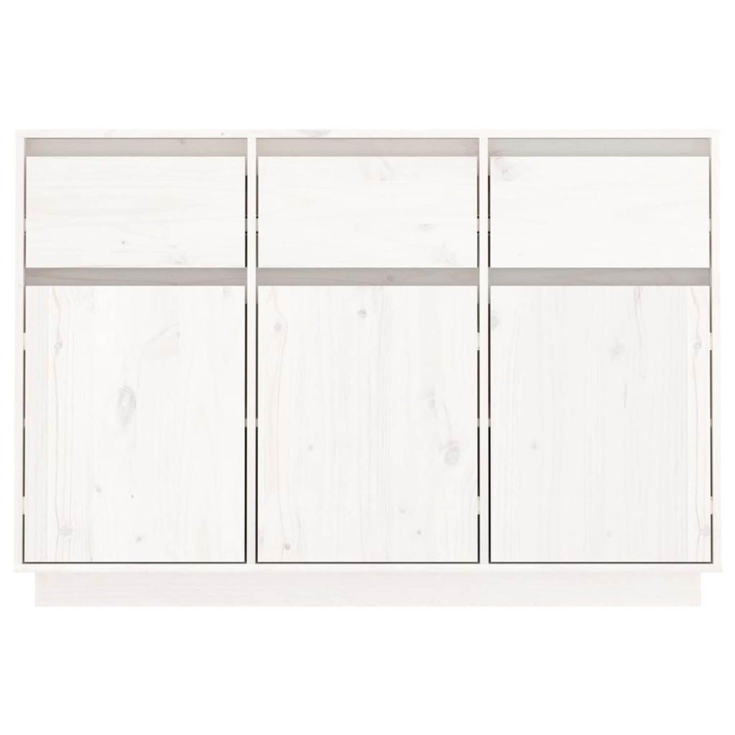 Weißer Holzschrank mit drei Abschnitten, jeweils mit Tür und Regal, vor weißem Hintergrund.