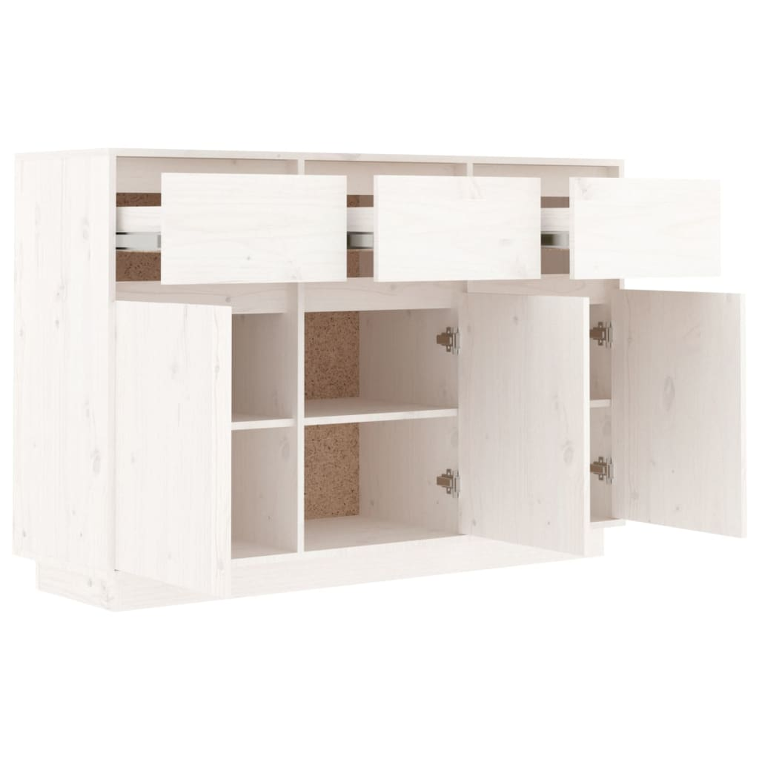 Weißes Holzsideboard mit drei offenen Schubladen und Türen. Innere Regale sichtbar. Weißer Hintergrund.