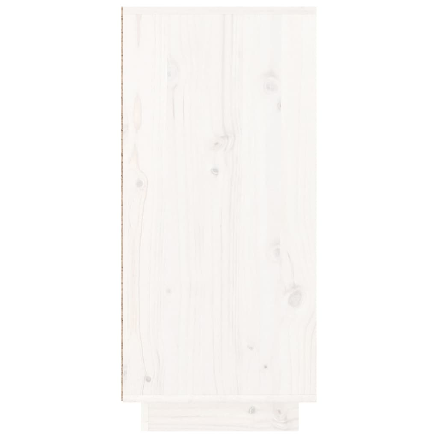 Weißes Holzpaneel, das die Seite des Schranks mit einer Schublade und sichtbarer Holzmaserung zeigt.