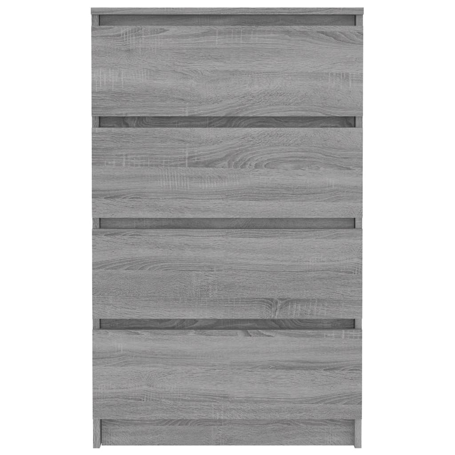Grauer Holzschrank mit vier Schubladen, mit einer Holzmaserung.