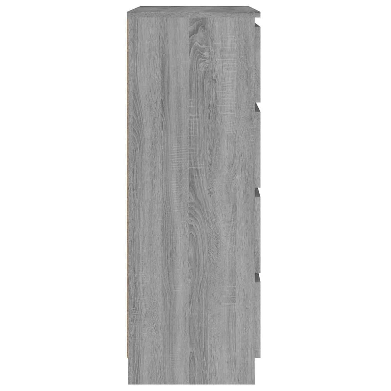 Seitenansicht eines grauen Holzschranks mit fünf Schubladen. Die Holzmaserung ist sichtbar.