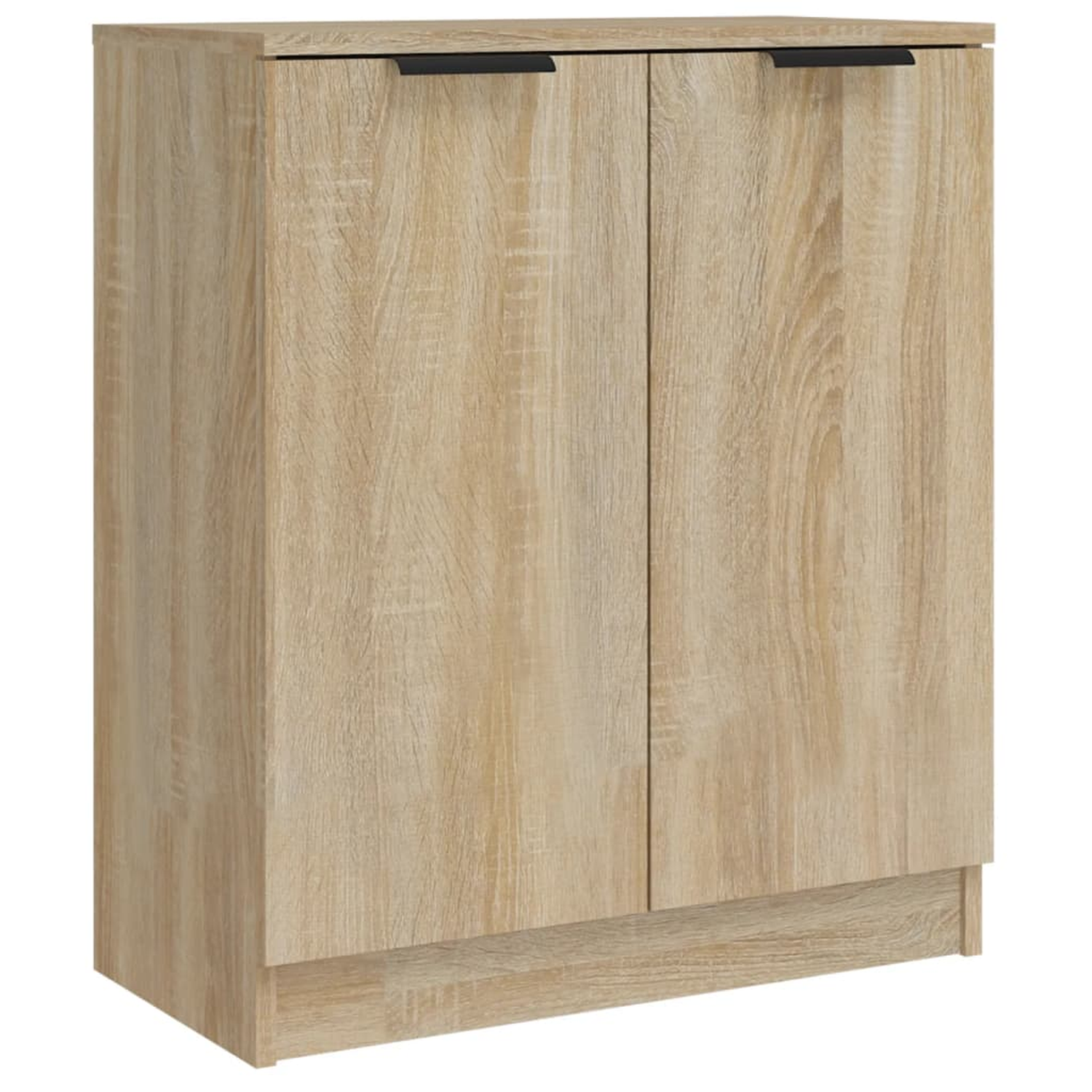 Hellholzschrank mit zwei Türen und schwarzen Griffen.
