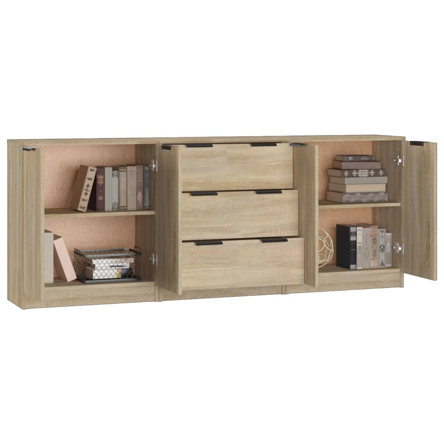 Holzschrank mit offenen Türen, Bücher und Deko in den Regalen. Helles Holz mit beigem Innenraum.