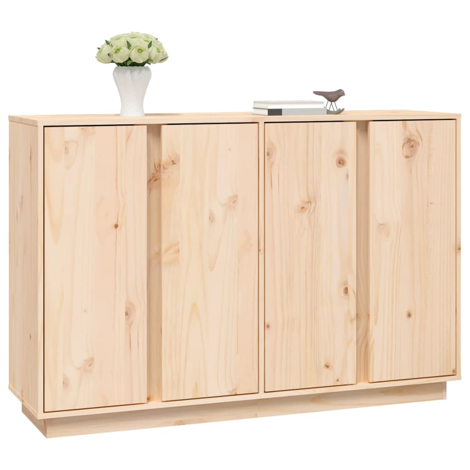 Holzschrank mit zwei Türen und einer kleinen Blumenvase oben drauf.