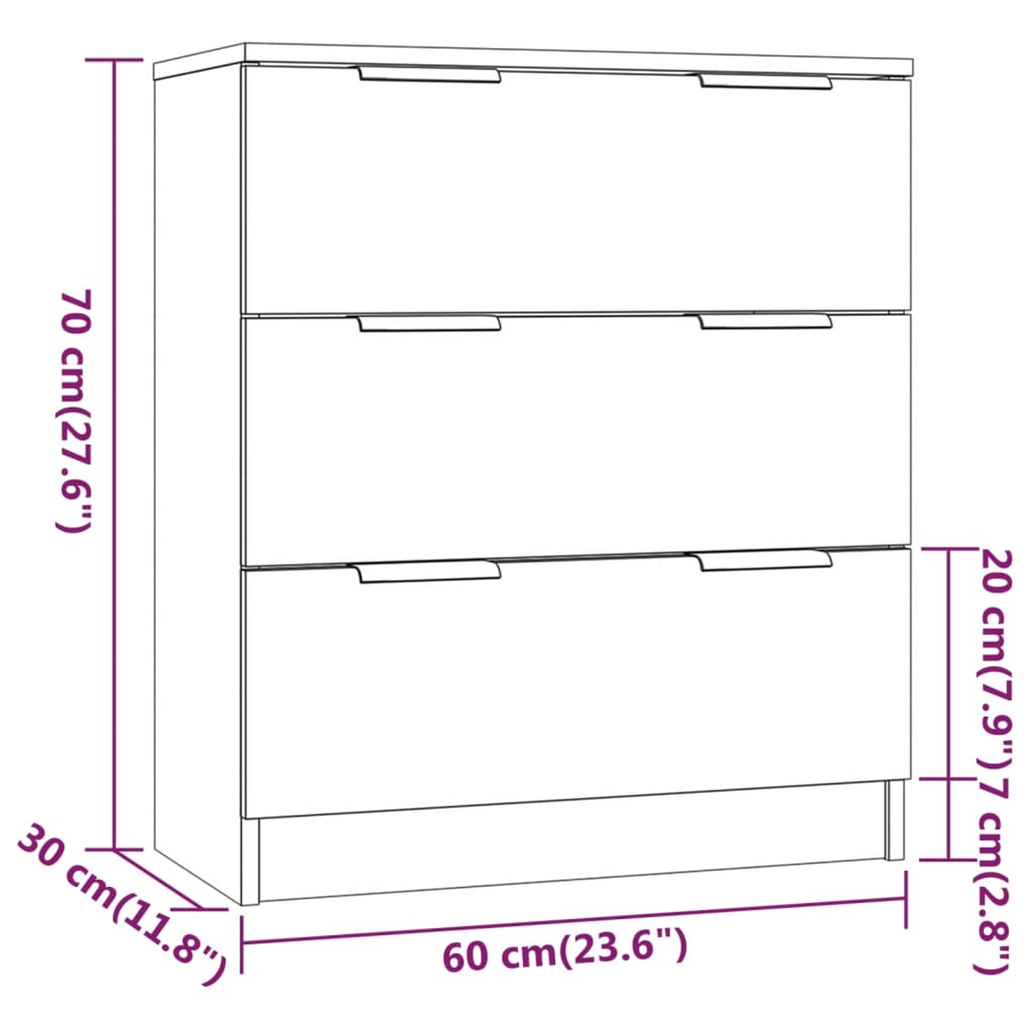 Diagramm einer Kommode mit Abmessungen in Zentimetern, das Höhe und Breite zeigt.