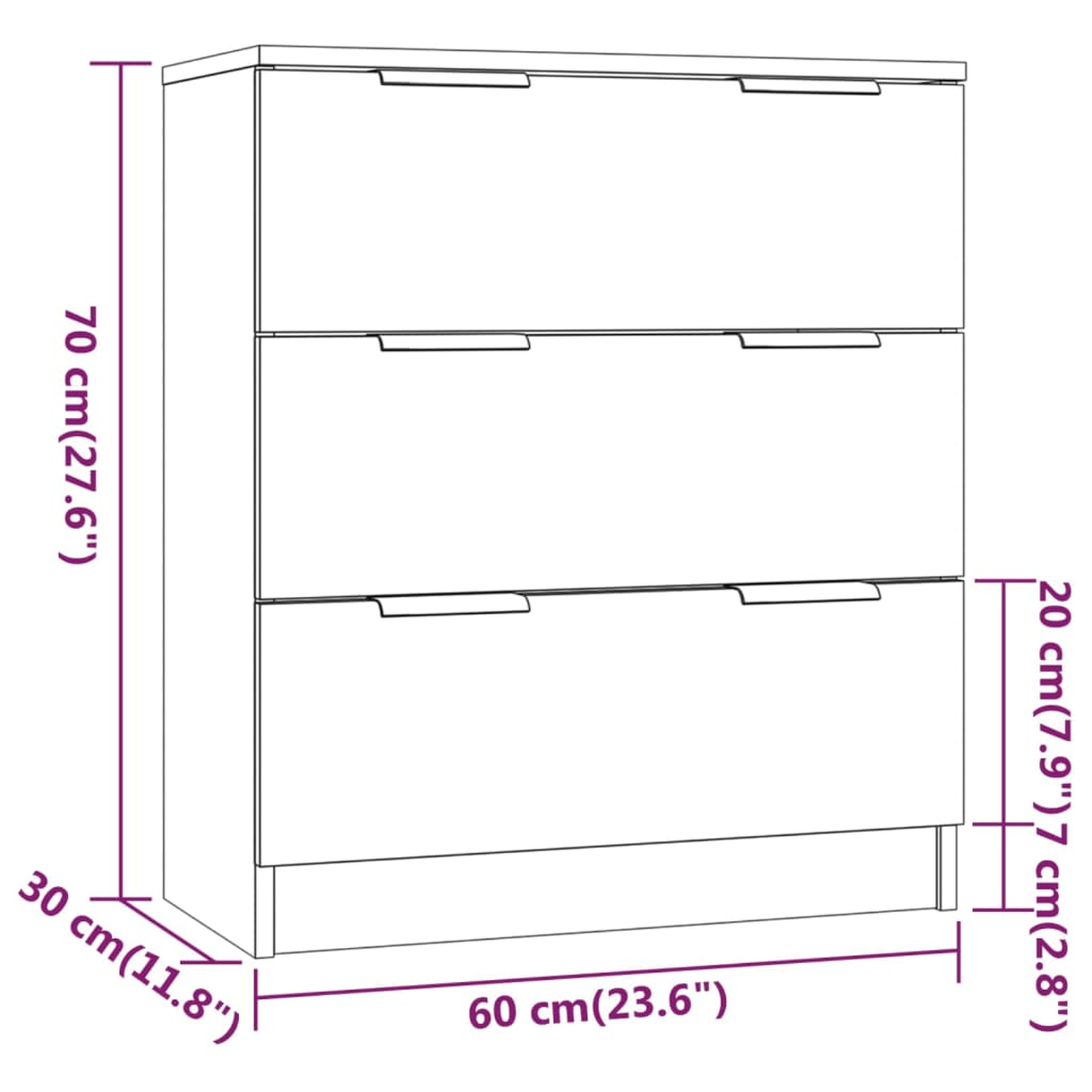 Dreischubladenschrank mit Maßangaben: 70 cm Höhe, 60 cm Breite, 30 cm Tiefe.