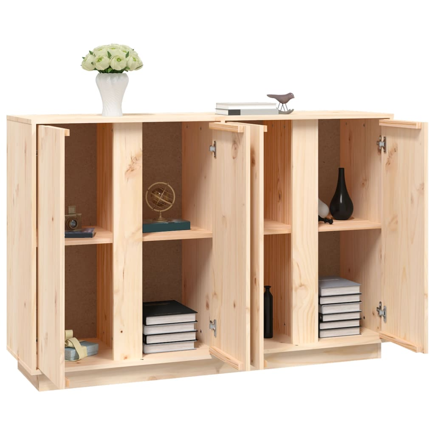 Holzschrank mit offenen Türen, Regale sichtbar und Gegenstände im Inneren ausgestellt.