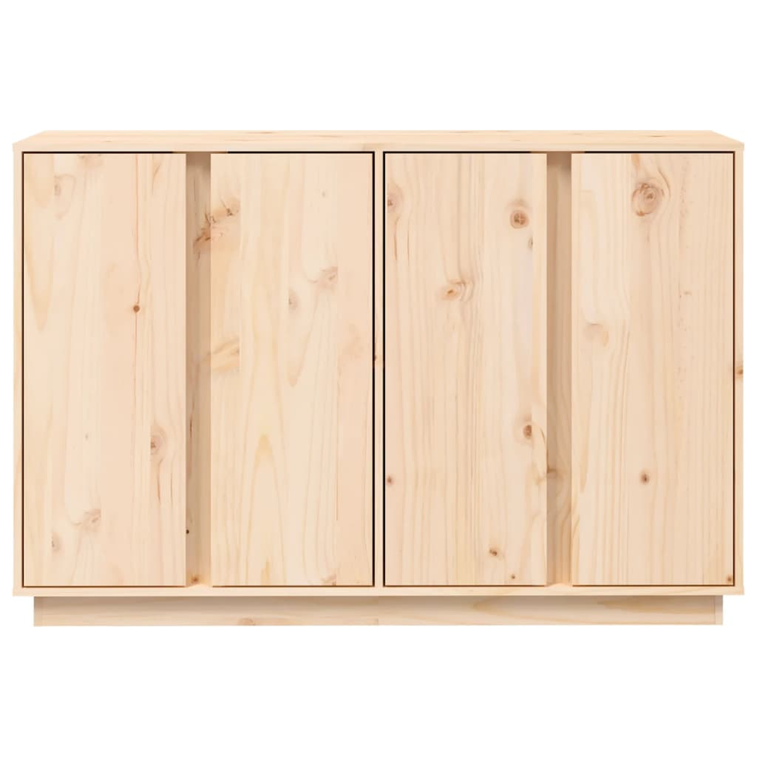 Ein Holzschrank mit zwei Türen und einem Sockel. Türen sind aus hellem Holz und geschlossen.