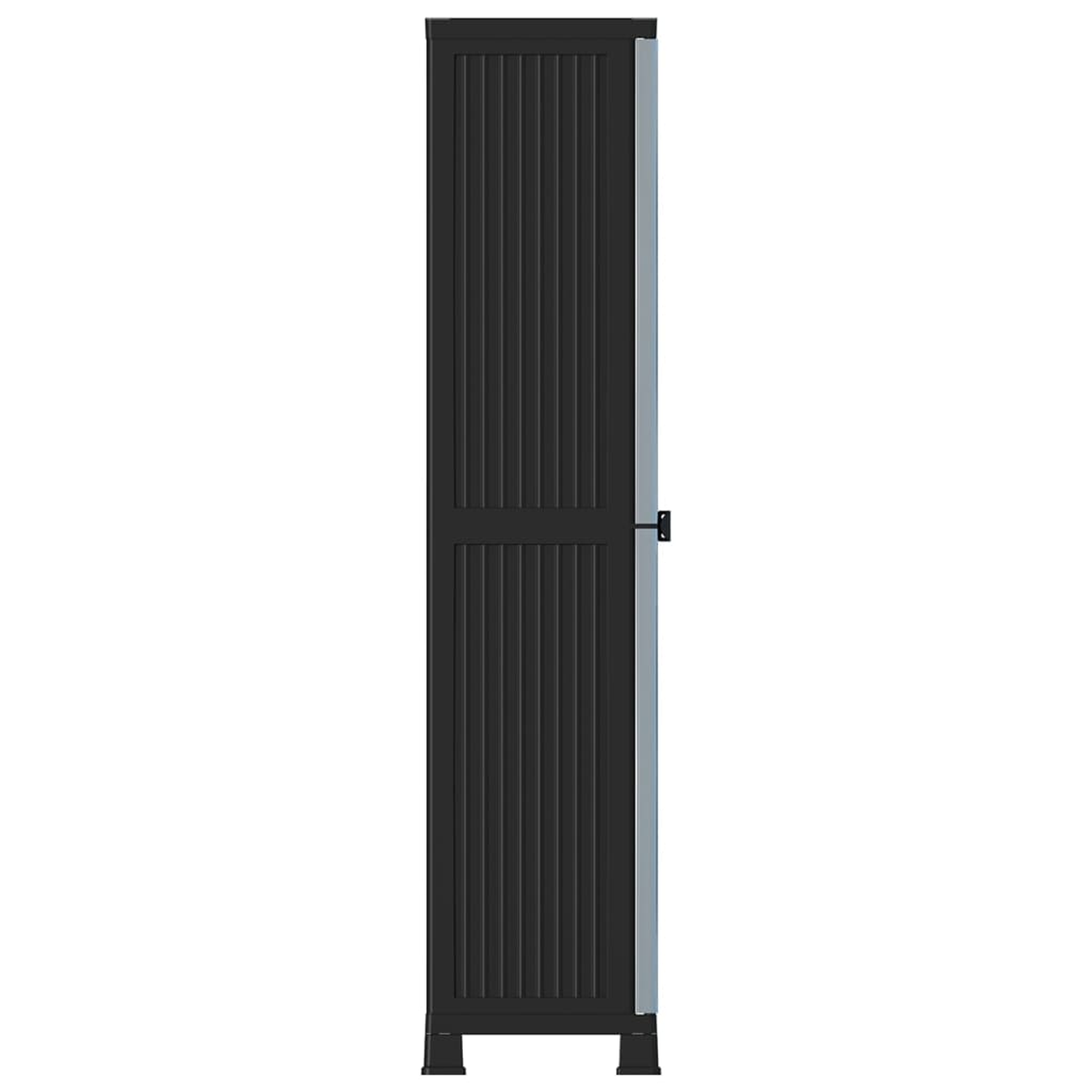 Hoher schwarzer Schrank mit vertikalen Linien und Griff.