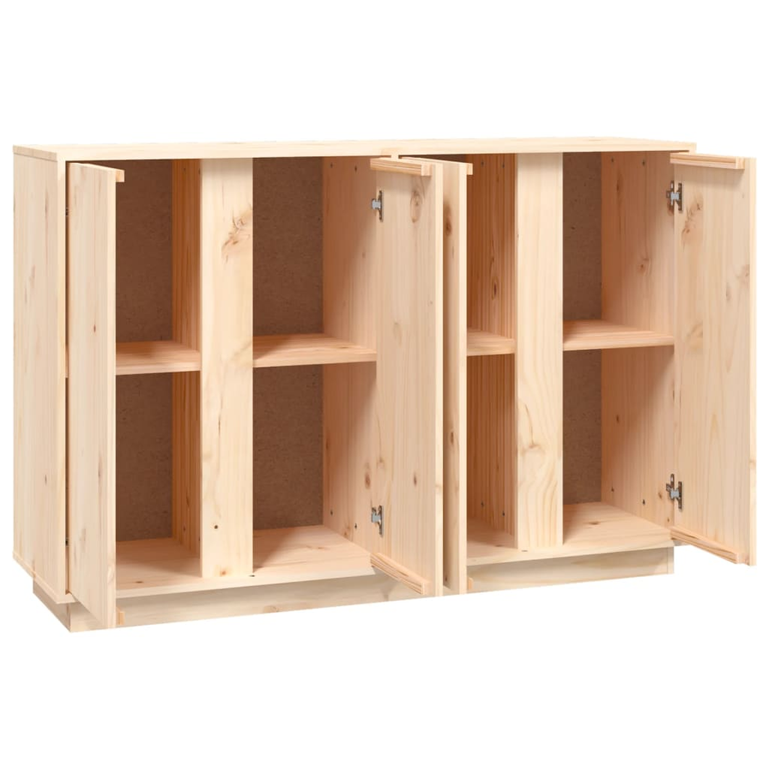 Heller Holzschrank mit drei offenen Fächern und Regalen.