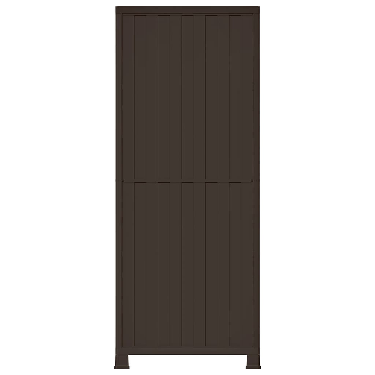 Brauner, vertikaler Schrank mit Lamellen. Er hat zwei Türen und ein einfaches, rechteckiges Design.