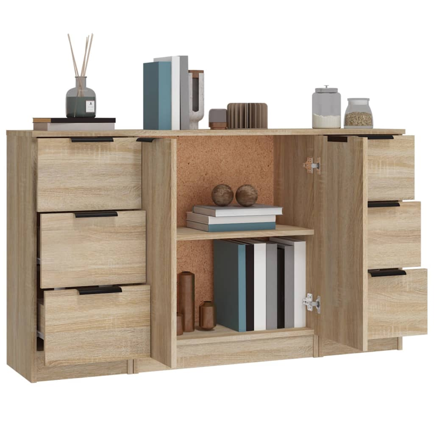 Ein hellbrauner Schrank mit Schubladen und Türen, gefüllt mit Büchern und Dekoration.